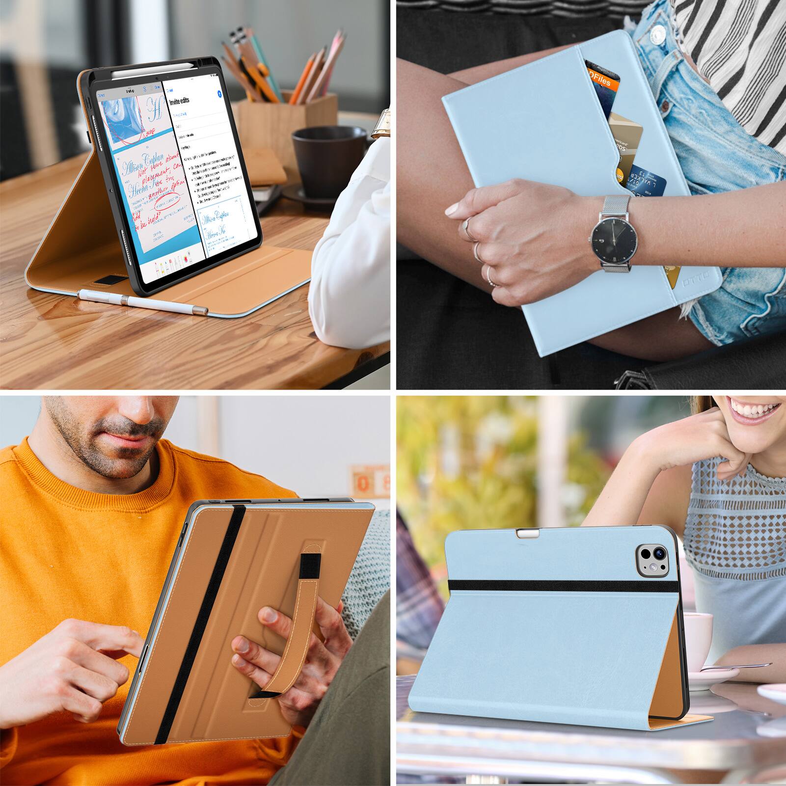 The text in the image is not clearly visible or legible. However, based on the context and typical use of tablets, here is a plausible correction and grouping of the text:

1. **Top Left:**
   - "Write Notes"
   - "Notes"
   - "Notes"
   - "Notes"

2. **Top Right:**
   - "FINGERS"
   - "FINGERS"

3. **Bottom Left:**
   - No visible text.

4. **Bottom Right:**
   - No visible text.

The text appears to be related to note-taking and possibly a brand or product name.