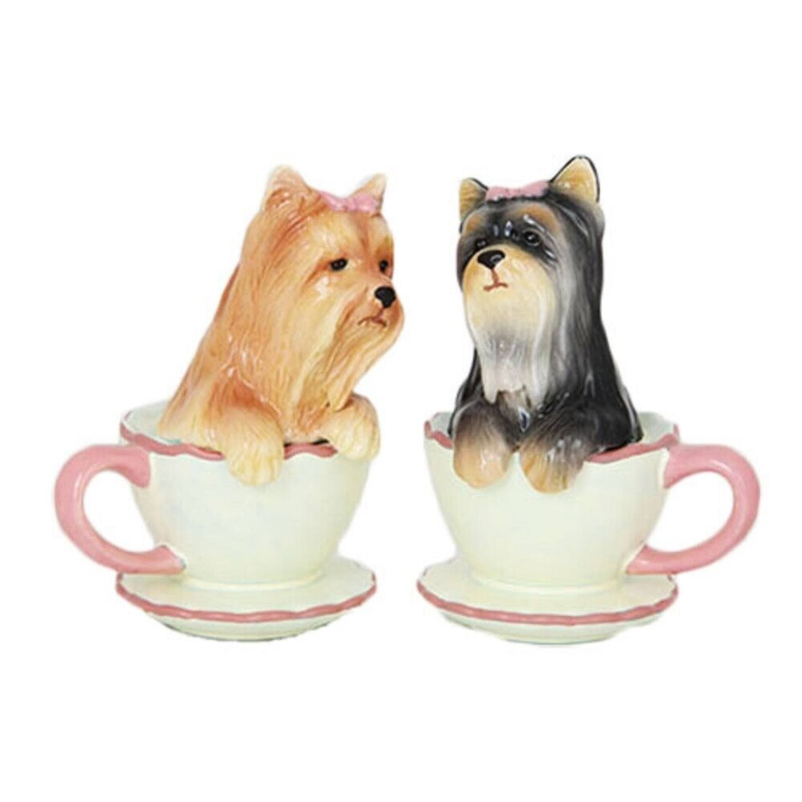Angle. Pacific Trading - Pacific Trading Yorkie in Tea Cup Yorkshire Terriers Ceramic Salt and Pepper Shakers Set - Multicolor.