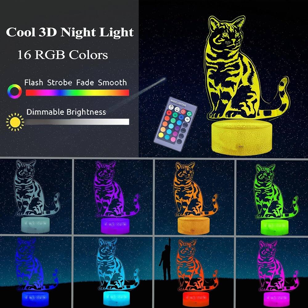 Cool 3D Night Light  
16 RGB Colors  
Flash Strobe Fade Smooth  
Dimmable Brightness