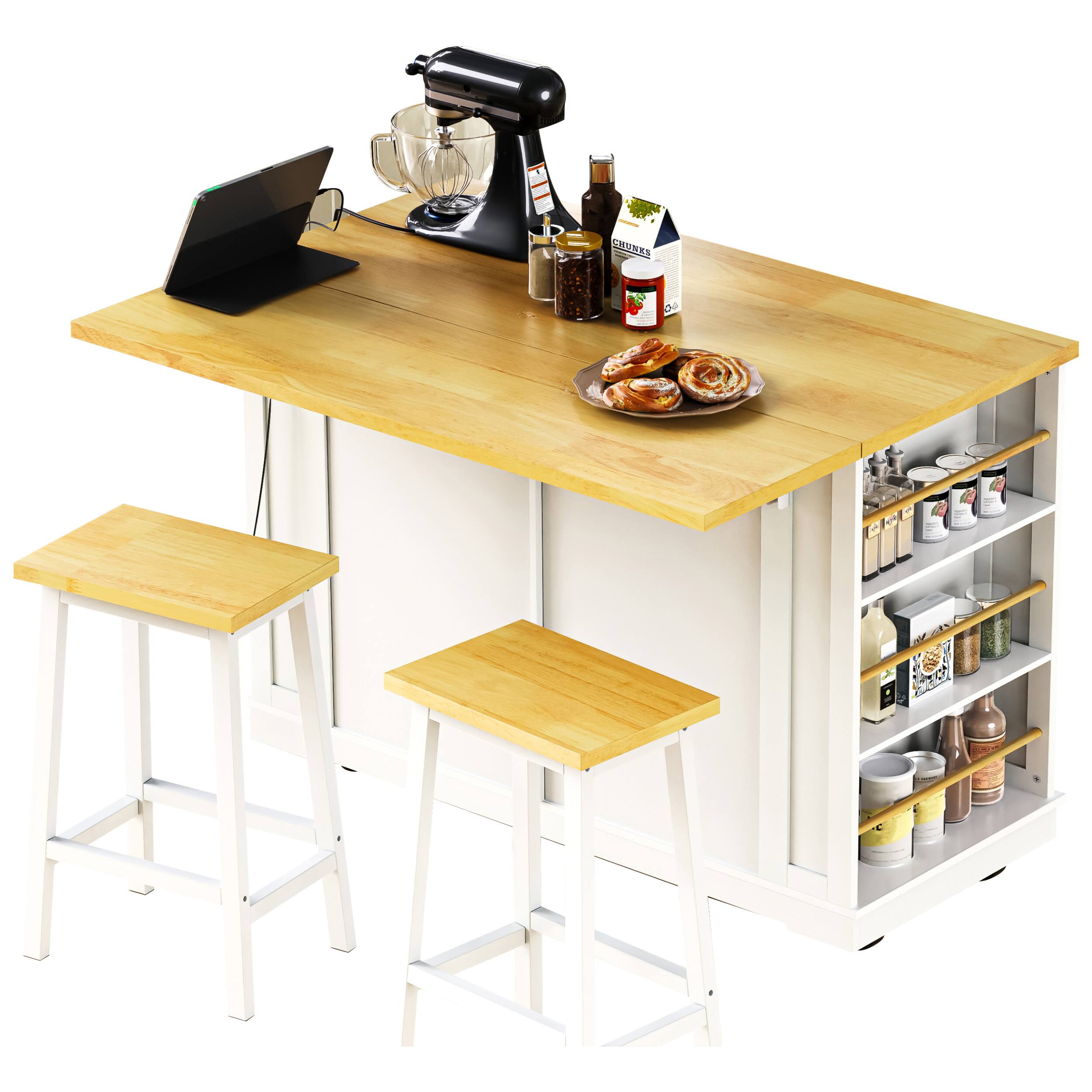 Alt View 2. Forest'nSky - 48 inch Kitchen Island with 2 Bar Stools & Power Outlet, 5 Side Racks, 2 Drawers, White - White.