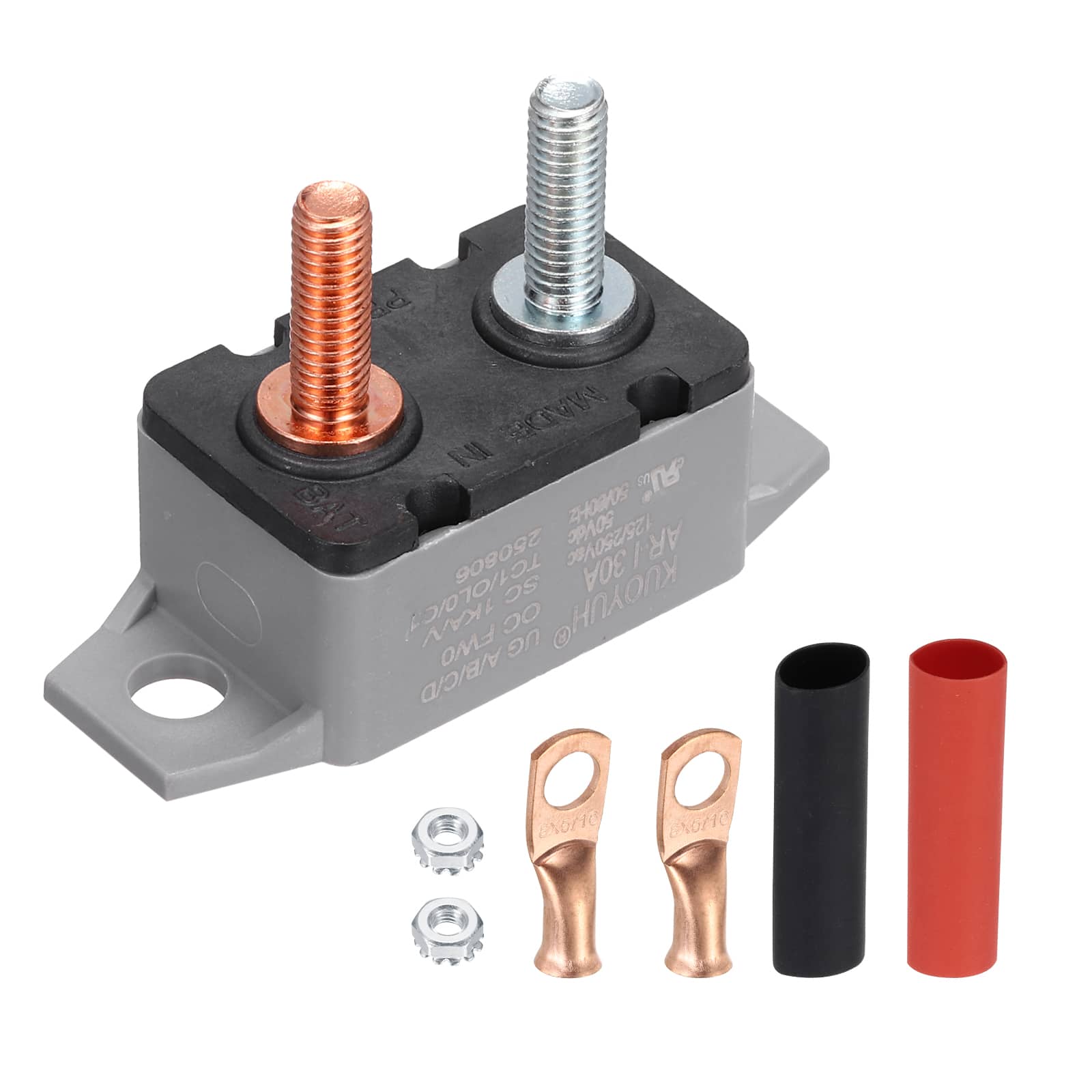 Unique Bargains - DC 50V AC 125/250V 30A Circuit Breaker, Auto Reset Stud Bolt Type with Screws, Nuts, Wire Clamps, Heat Shrink Tubing - Gray price history on PriceWatchPro