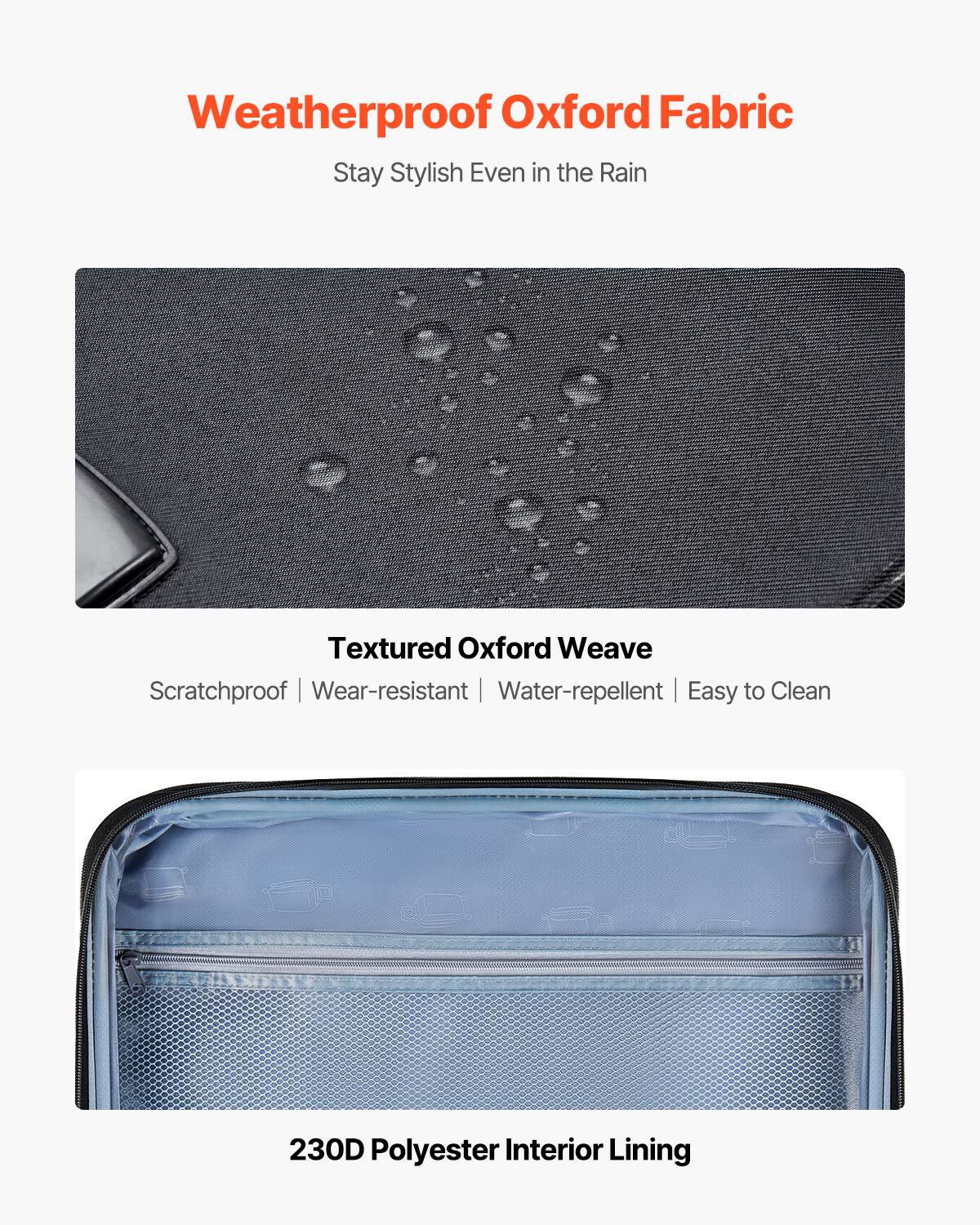 Weatherproof Oxford Fabric  
Stay Stylish Even in the Rain  

Textured Oxford Weave  
Scratchproof | Wear-resistant | Water-repellent | Easy to Clean  

230D Polyester Interior Lining