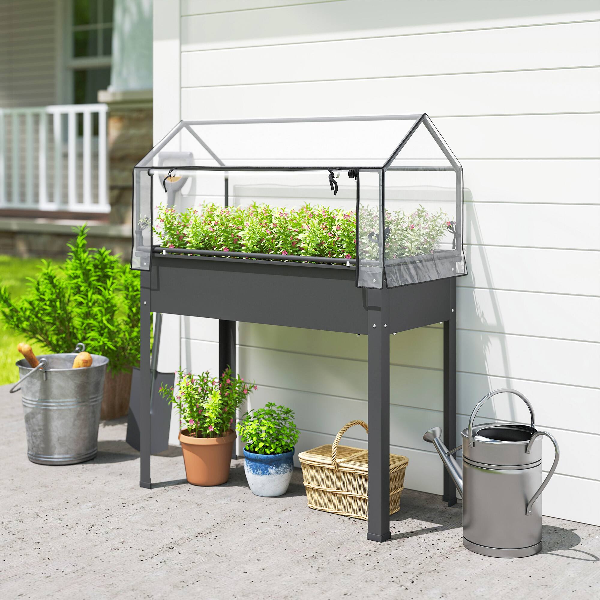 Alt View 1. Outsunny - Raised Garden Bed with Greenhouse Cover, Elevated Planter Box with Legs and Drainage Hole, 39.4" x 18.9" x 48.8".