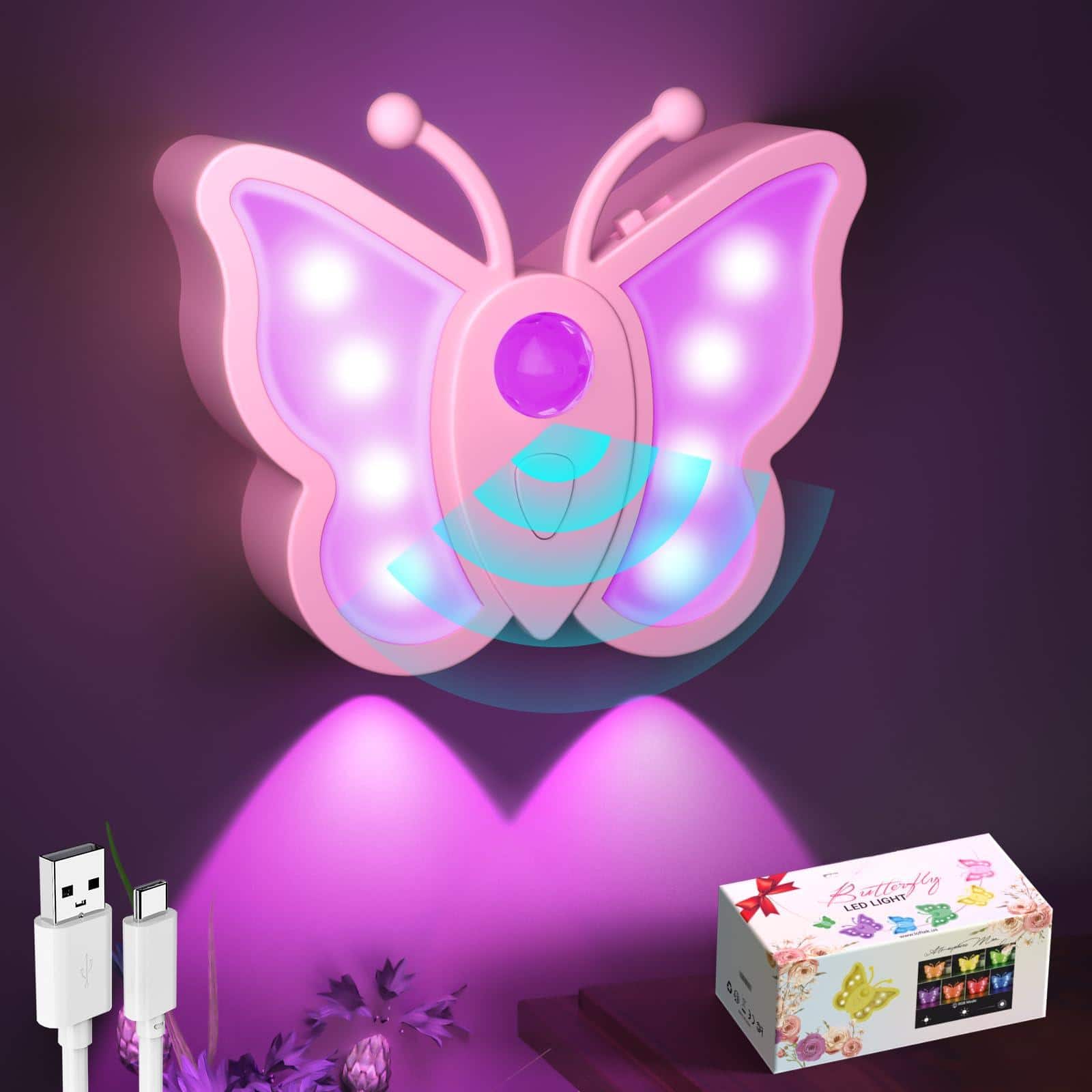 MAGICAL RUBS - Rechargeable Motion Sensor Light Rgb Color Changing & Dimmable Night Cute Butterfly For Kid's Bedroom Bathroom - Pink 1 Pack