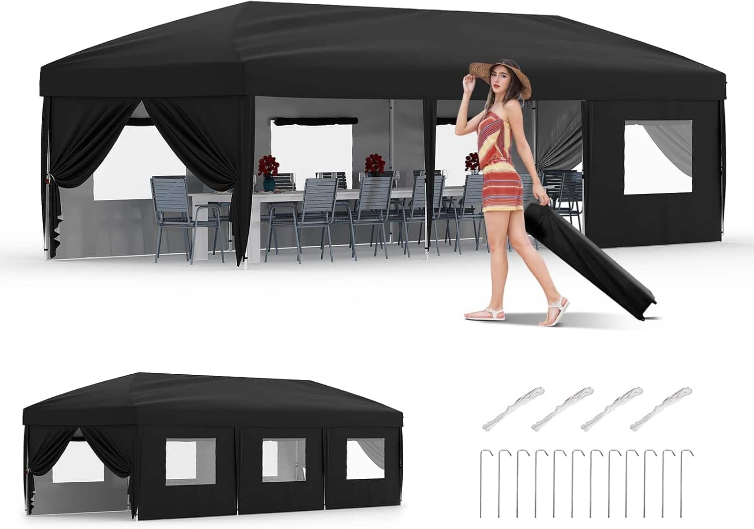 Homhougo - 10x30 Pop Up Canopy with 8 Sidewalls - Heavy Duty Outdoor Canopy Tent with Portable Roller Bag - 3 Adjustable Height - Black