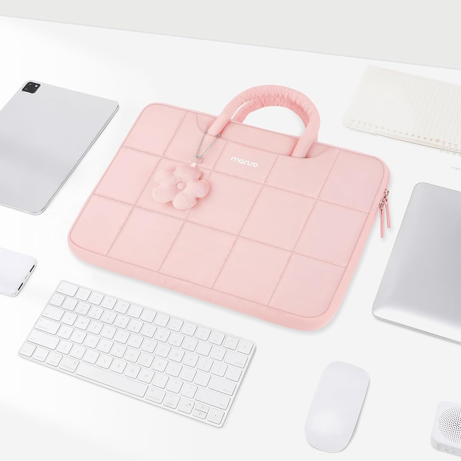 Alt View 5. mosiso - Laptop Case 13-13.3 inch Puffy Laptop Sleeve with Handle for MacBook Air Pro Neo 13 14 HP Dell ASUS Lenovo - Pink.