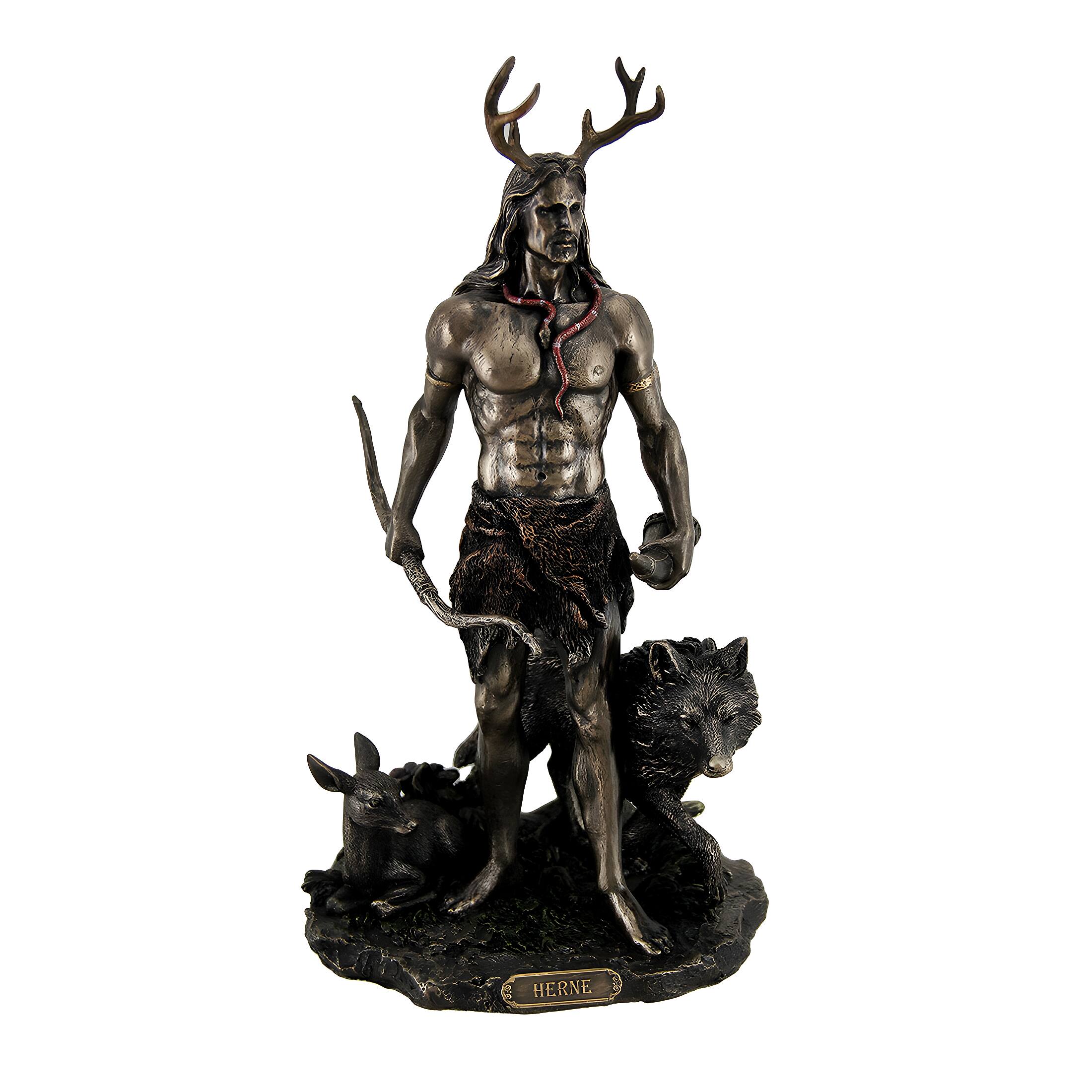 Front. Veronese Design - Herne the Spirit Hunter of Windsor Forest Standing With Deer and Wolf - Bronze.