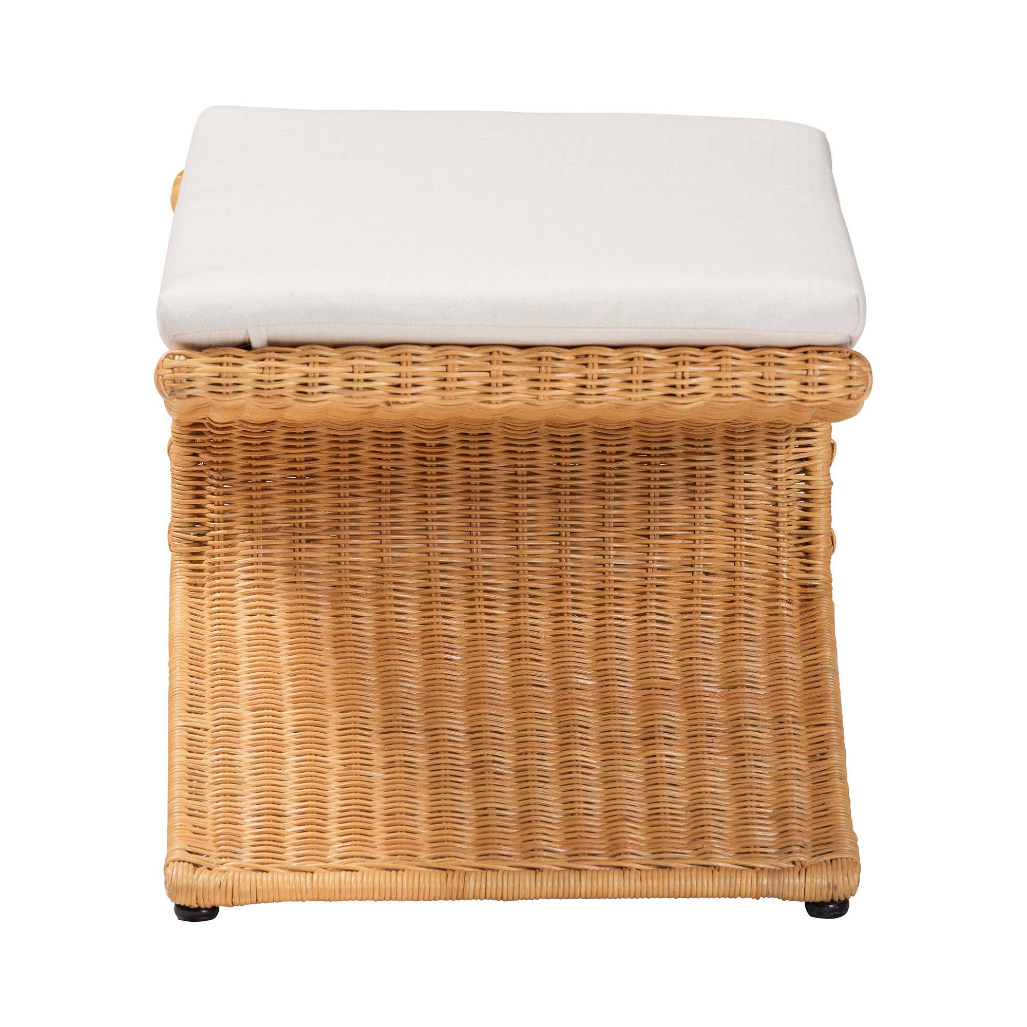 Left. bali & pari - Reya Natural Rattan Footstool - Sculptural Handwoven Ottoman with Pedestal Base for Lounge and Living Spaces - Light Honey.