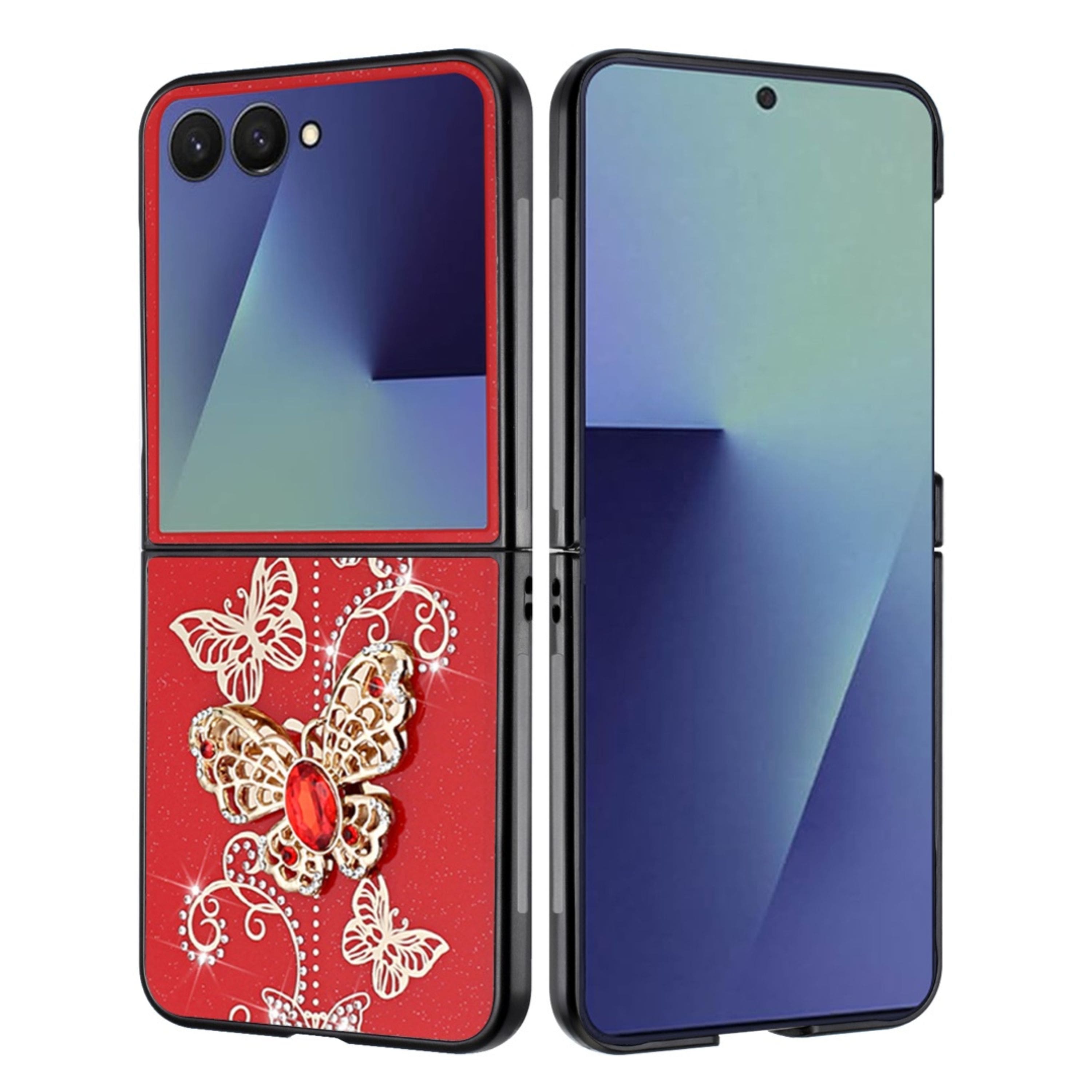 Kitcheniva - Rhinestone Glitter Cover Case With Tempered Glass For Samsung Z Flip7 Butterflies Red - Garden Butterflies Red