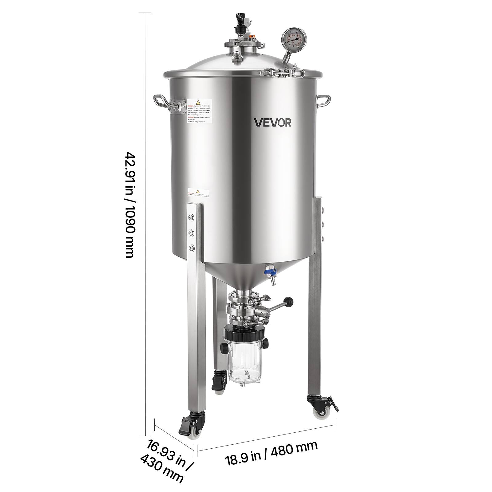 VEVOR in 42.91 in / 1090 mm  
16.93 in / 430 mm  
18.9 in / 480 mm