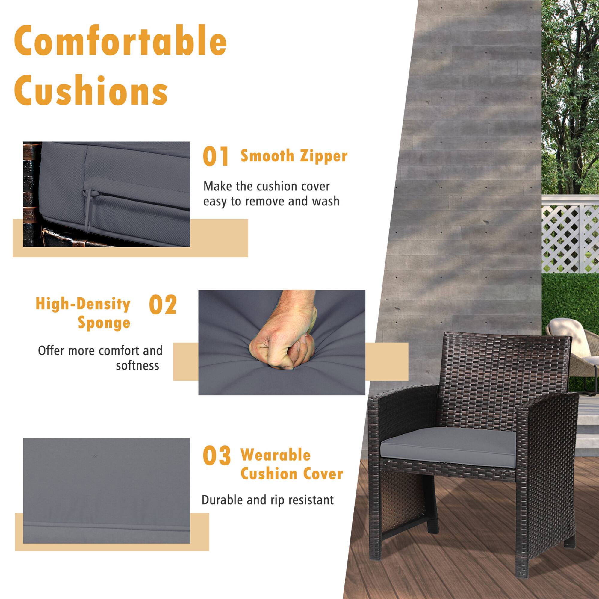 Comfortable Cushions

01 Smooth Zipper  
Make the cushion cover easy to remove and wash

02 High-Density Sponge  
Offer more comfort and softness

03 Wearable Cushion Cover  
Durable and rip resistant