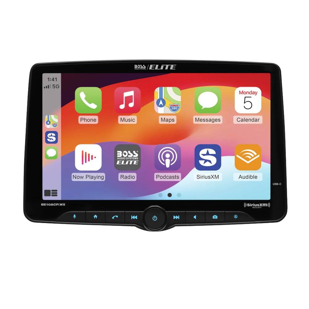 Sure, here is the corrected and grouped text from the image:

**Top Left:**
- SSCE / ELITE

**Top Center:**
- ELITE

**Top Right:**
- Monday 5

**Icons and Labels:**
- Phone
- Music
- Maps
- Messages
- Calendar
- Now Playing
- Radio
- Podcasts
- SiriusXM
- Audible

**Bottom Left:**
- BE10ACP.WX

**Bottom Center:**
- ALTRO SYSTEMS ELITE

**Bottom Right:**
- USB-C
- (SiriusXM) READY

**Bottom Center (on the device):**
- (SiriusXM) READY