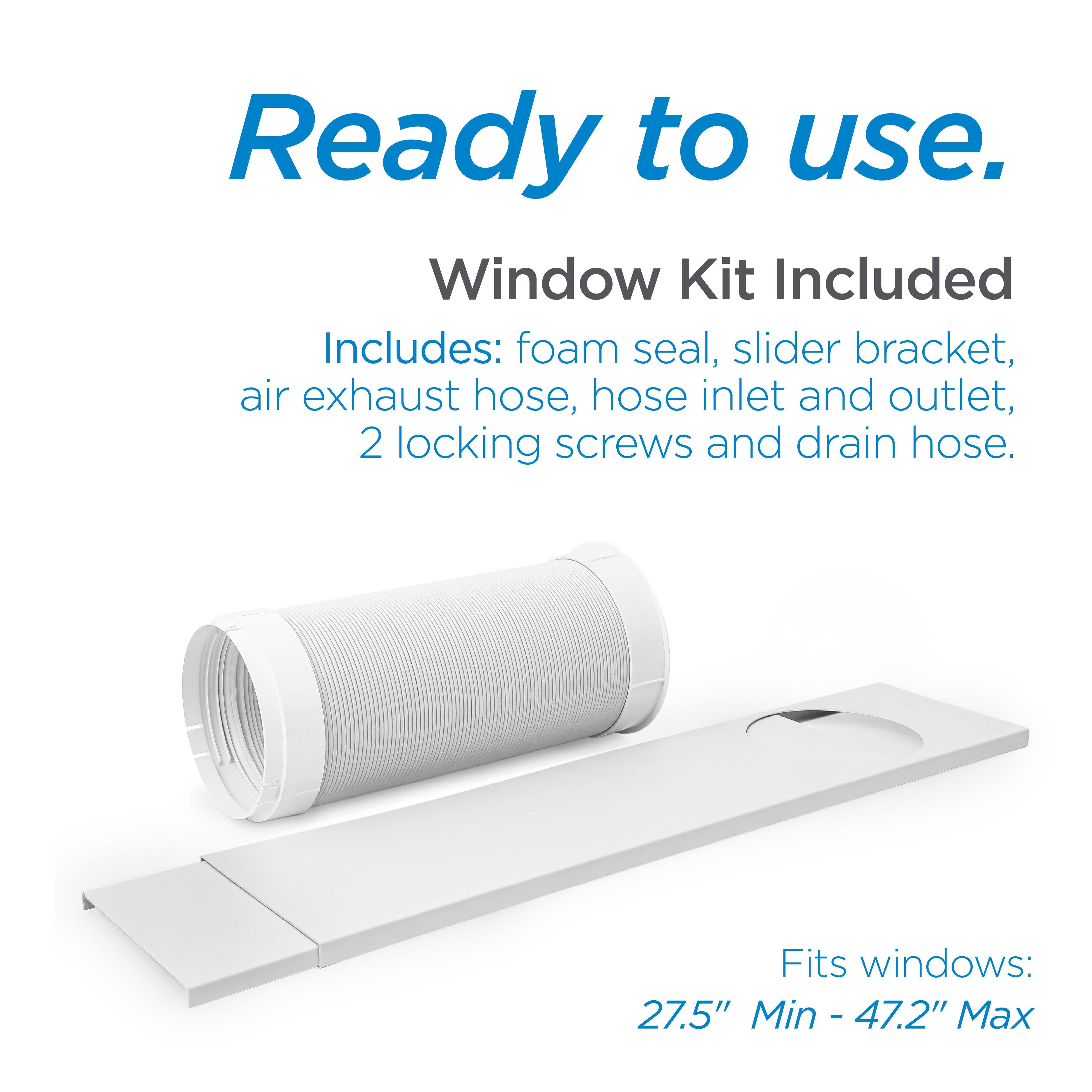 Ready to use. Window Kit Included Includes: foam seal, slider bracket, air exhaust hose, hose inlet and outlet, 2 locking screws and drain hose. Fits windows: 27.5" Min - 47.2" Max