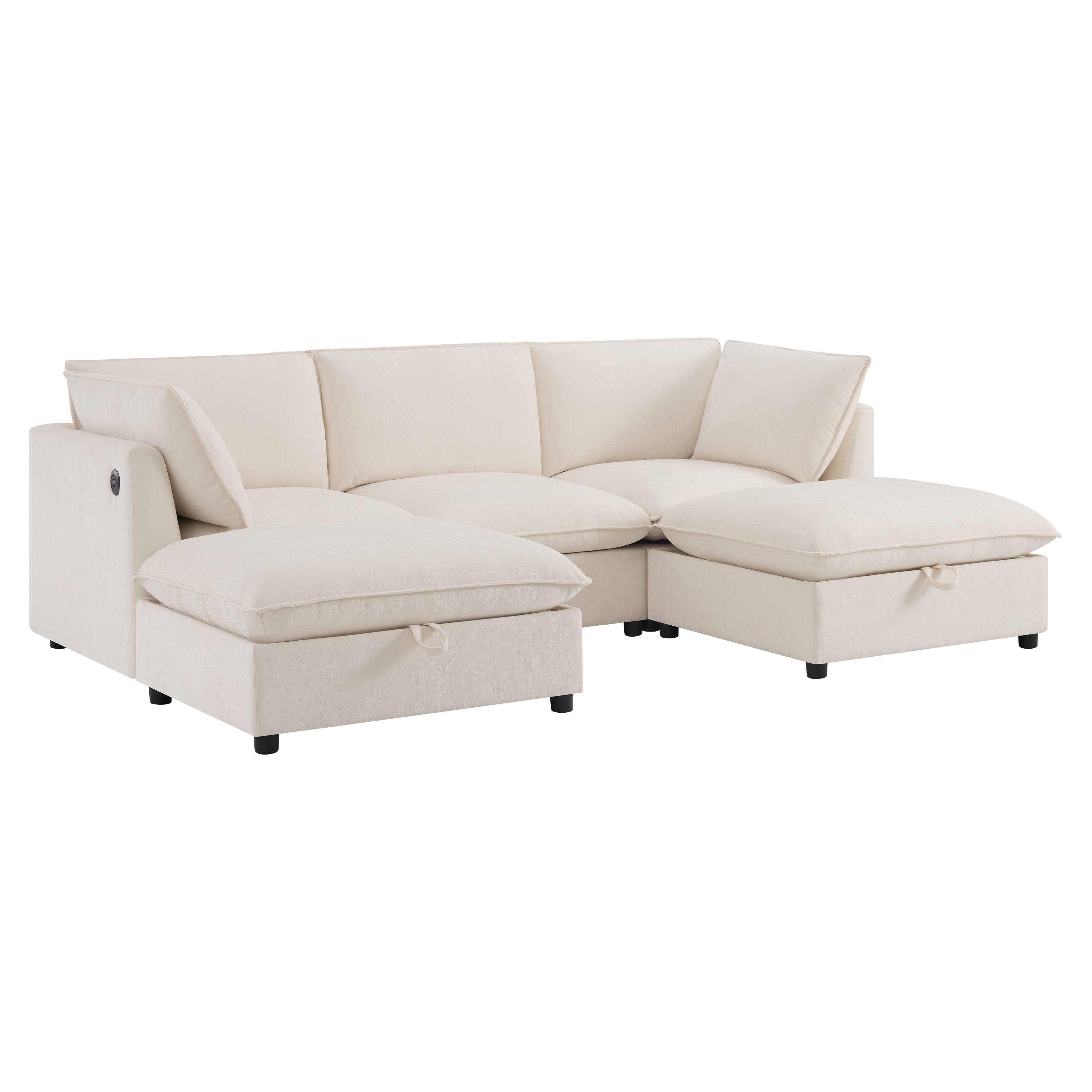 Left. Whisen - Modular U-Shaped Sectional Sofa with Fold-down Backrest Table & Cup Holders for Living Room - Beige.