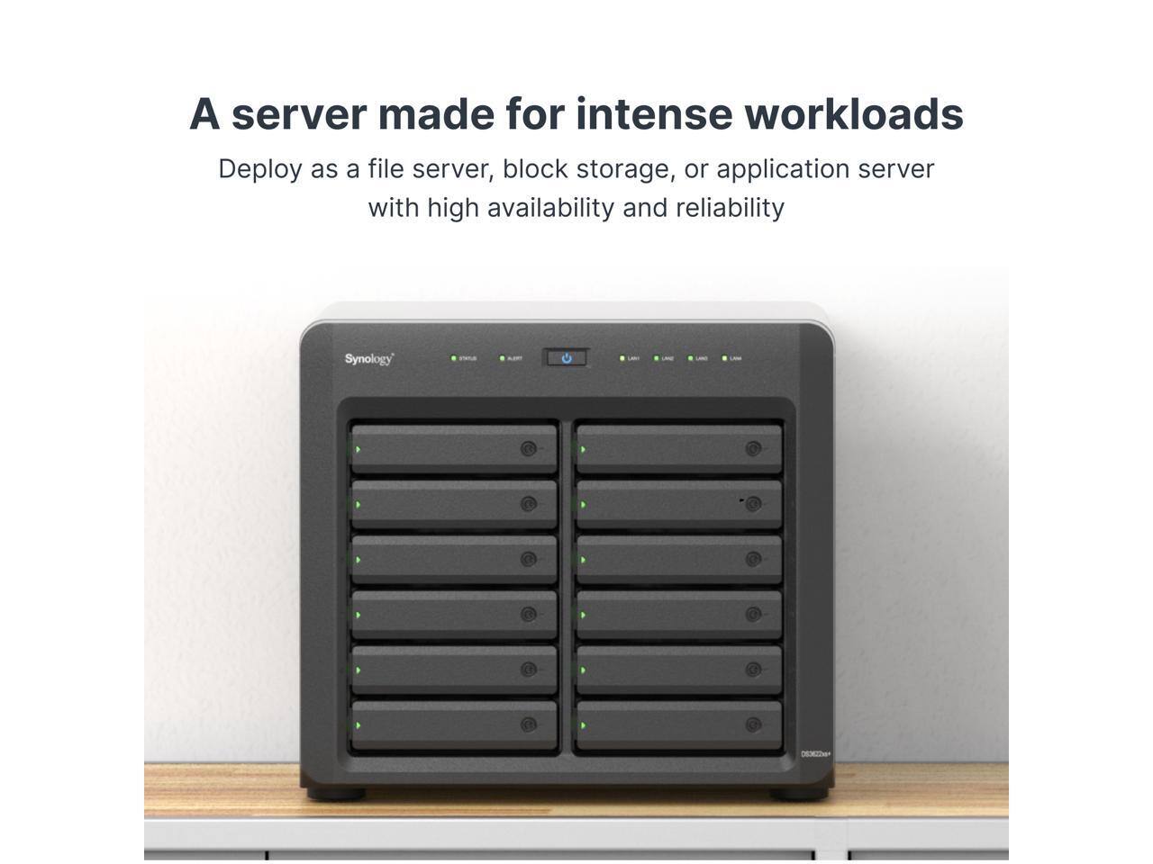 A server made for intense workloads  
Deploy as a file server, block storage, or application server with high availability and reliability  

Synology