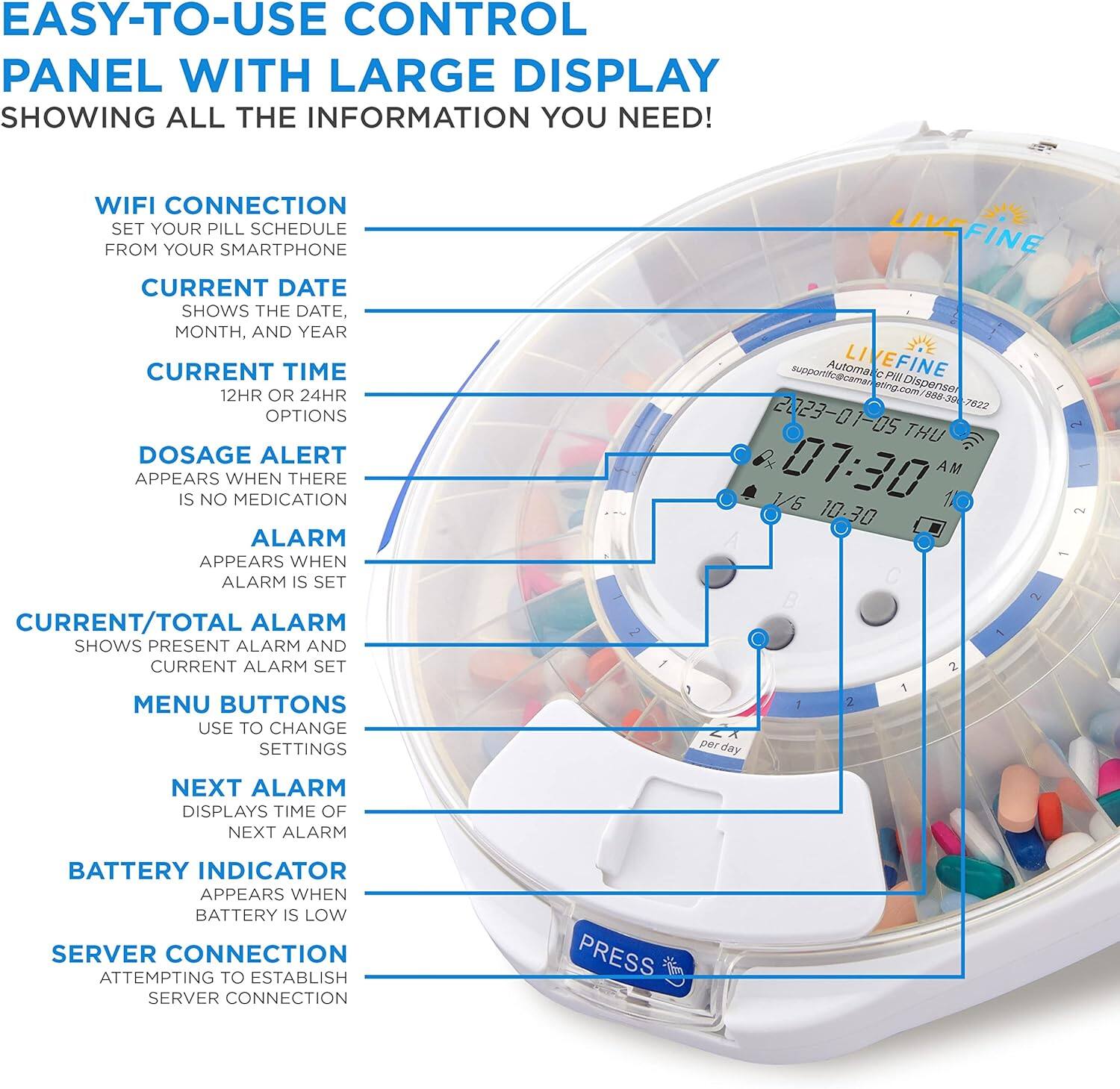 EASY-TO-USE CONTROL PANEL WITH LARGE DISPLAY SHOWING ALL THE INFORMATION YOU NEED!

WIFI CONNECTION: SET YOUR PILL SCHEDULE FROM YOUR SMARTPHONE

CURRENT DATE: SHOWS THE DATE, MONTH, AND YEAR

CURRENT TIME: 12HR OR 24HR OPTIONS

DOSAGE ALERT: APPEARS WHEN THERE IS NO MEDICATION

ALARM: APPEARS WHEN ALARM IS SET

CURRENT/TOTAL ALARM: SHOWS PRESENT ALARM AND CURRENT ALARM SET

MENU BUTTONS: USE TO CHANGE SETTINGS

NEXT ALARM: DISPLAYS TIME OF NEXT ALARM

BATTERY INDICATOR: APPEARS WHEN BATTERY IS LOW

SERVER CONNECTION: ATTEMPTING TO ESTABLISH SERVER CONNECTION

PRESS