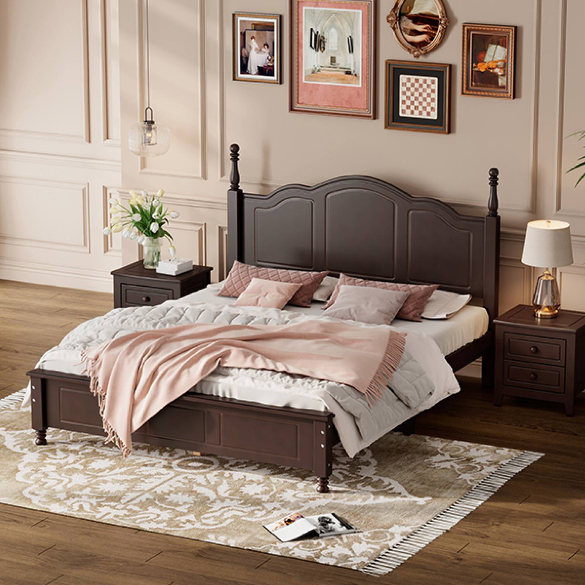 Alt View 7. GOODSILO - Queen Size Retro Wood Platform Bed Frame with Wooden Slat Support for Mattress - Walnut.