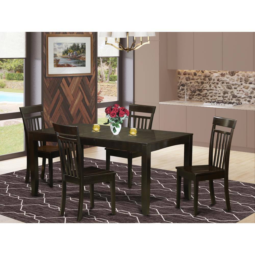 Back. East West Furniture - 5 Pc Dining room set for 4-Dining Table with Leaf and 4 Dining Chairs - Cappuccino.