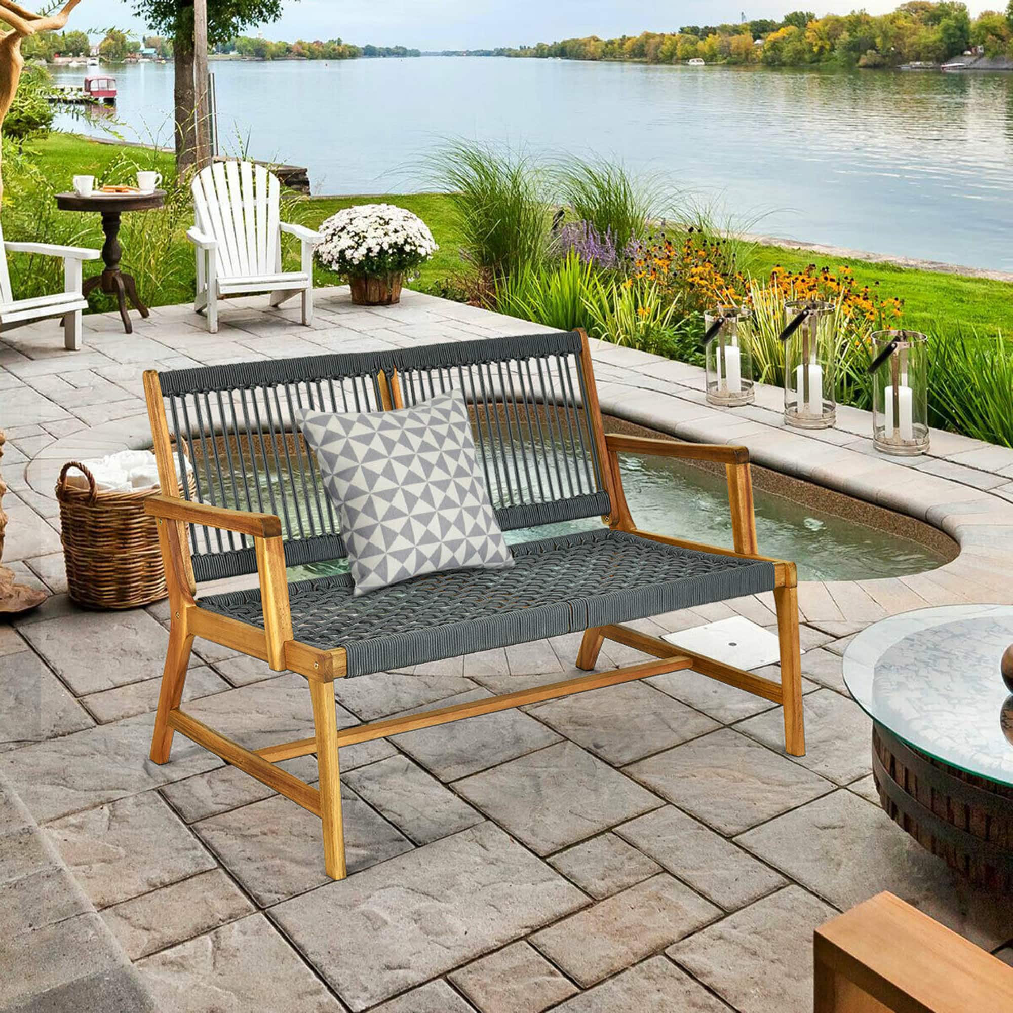 Gymax - Wooden Rope Bench Loveseat Patio Garden Outdoor w/ Armrest & Backrest - as pic