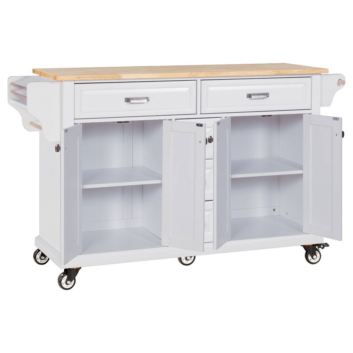 Alt View 3. Loheer - Loheer White Kitchen Island with Wheels Rubberwood Countertop Kitchen Cart - White.