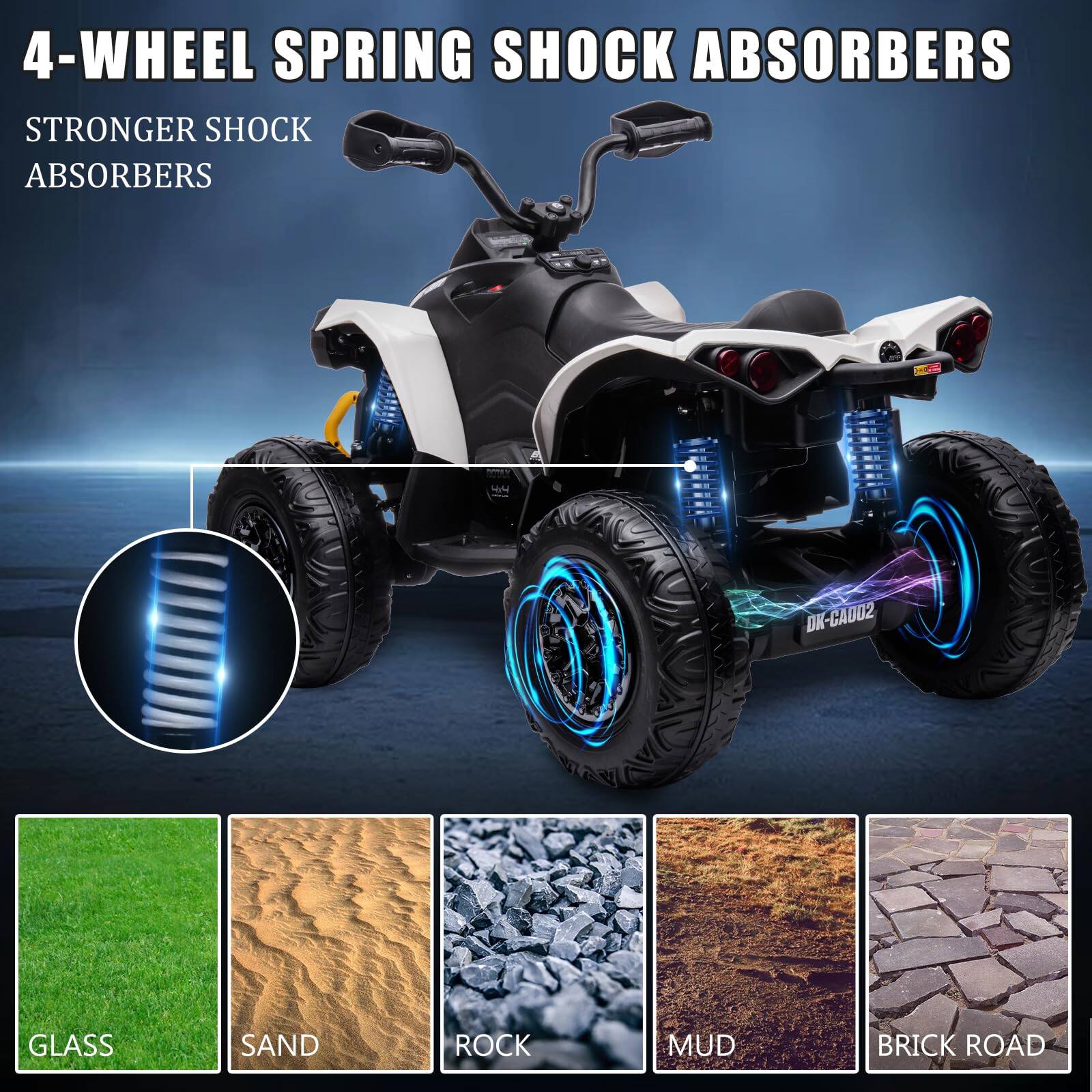 4-WHEEL SPRING SHOCK ABSORBERS  
STRONGER SHOCK ABSORBERS  

GLASS  
SAND  
ROCK  
MUD  
BRICK ROAD