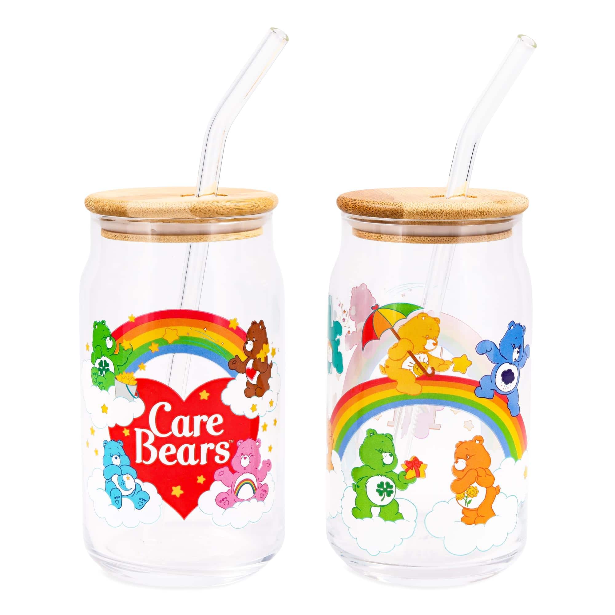 Silver Buffalo - Care Bears Classic 16-Ounce Glass Tumblers With Bamboo Lid and Straw | Set of 2 - Multi-Colored