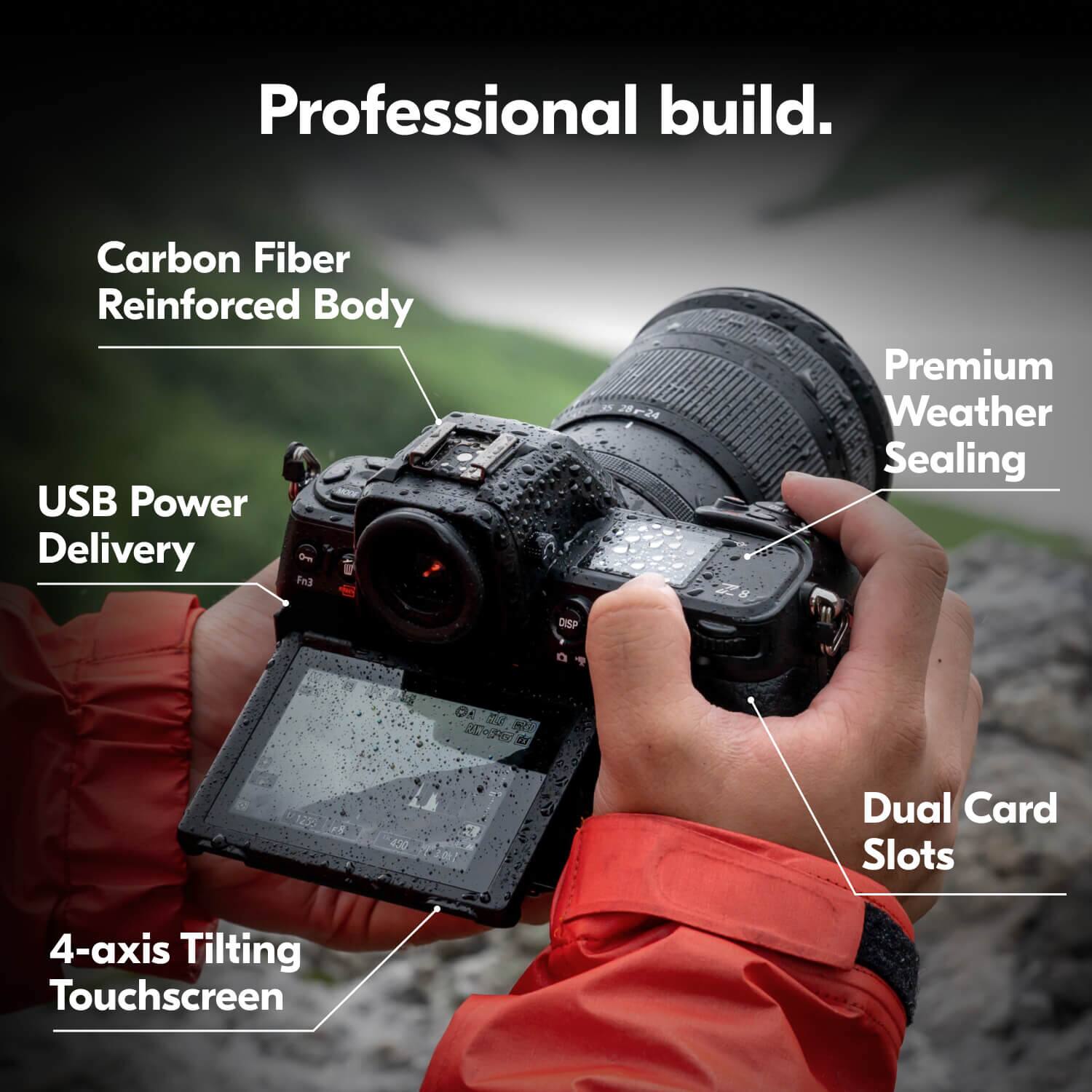 Professional build.  
Carbon Fiber Reinforced Body  
USB Power Delivery  
Premium Weather Sealing  
Dual Card Slots  
4-axis Tilting Touchscreen