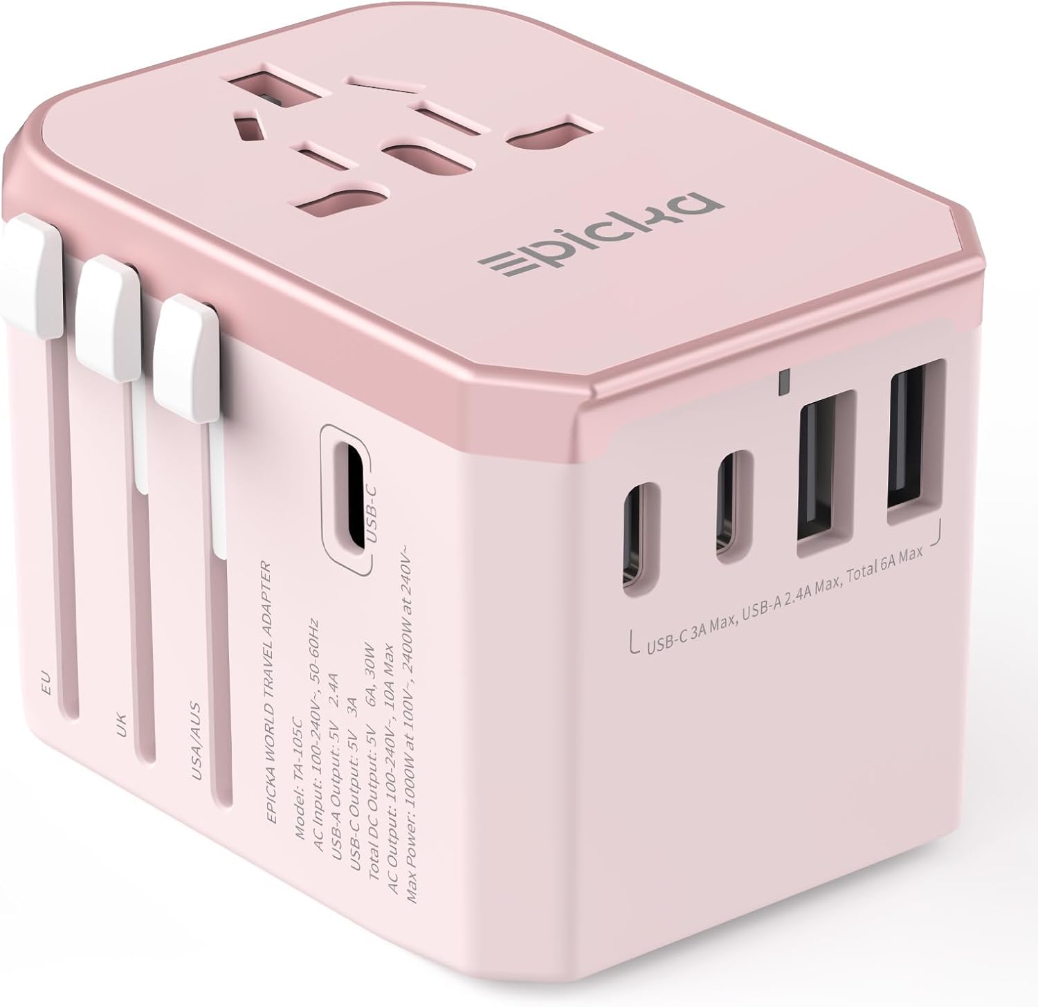 Epicka - Universal Travel Adapter with 3 USB-C and 2 USB-A Ports Charger for USA EU UK AUS (TA-105C) - Pink