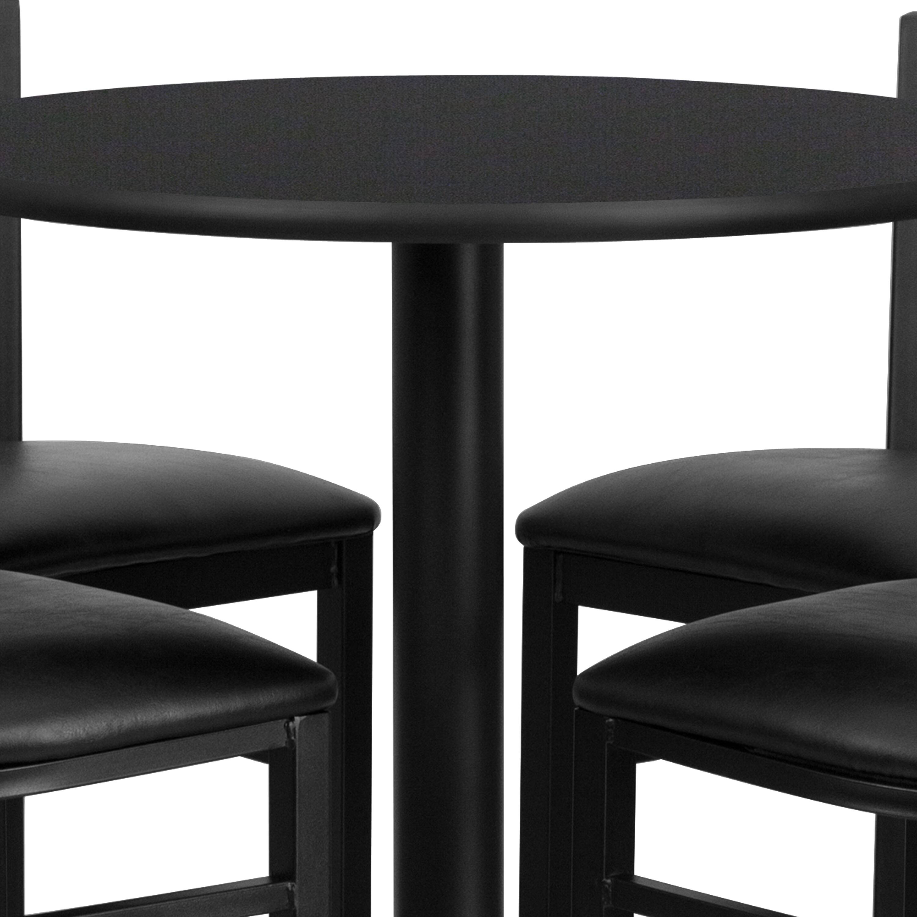 Alt View 4. Emma + Oliver - 30" Round Laminate Table Set with X-Base and 4 Ladder Back Stools - Black Top/Black Vinyl Seat.