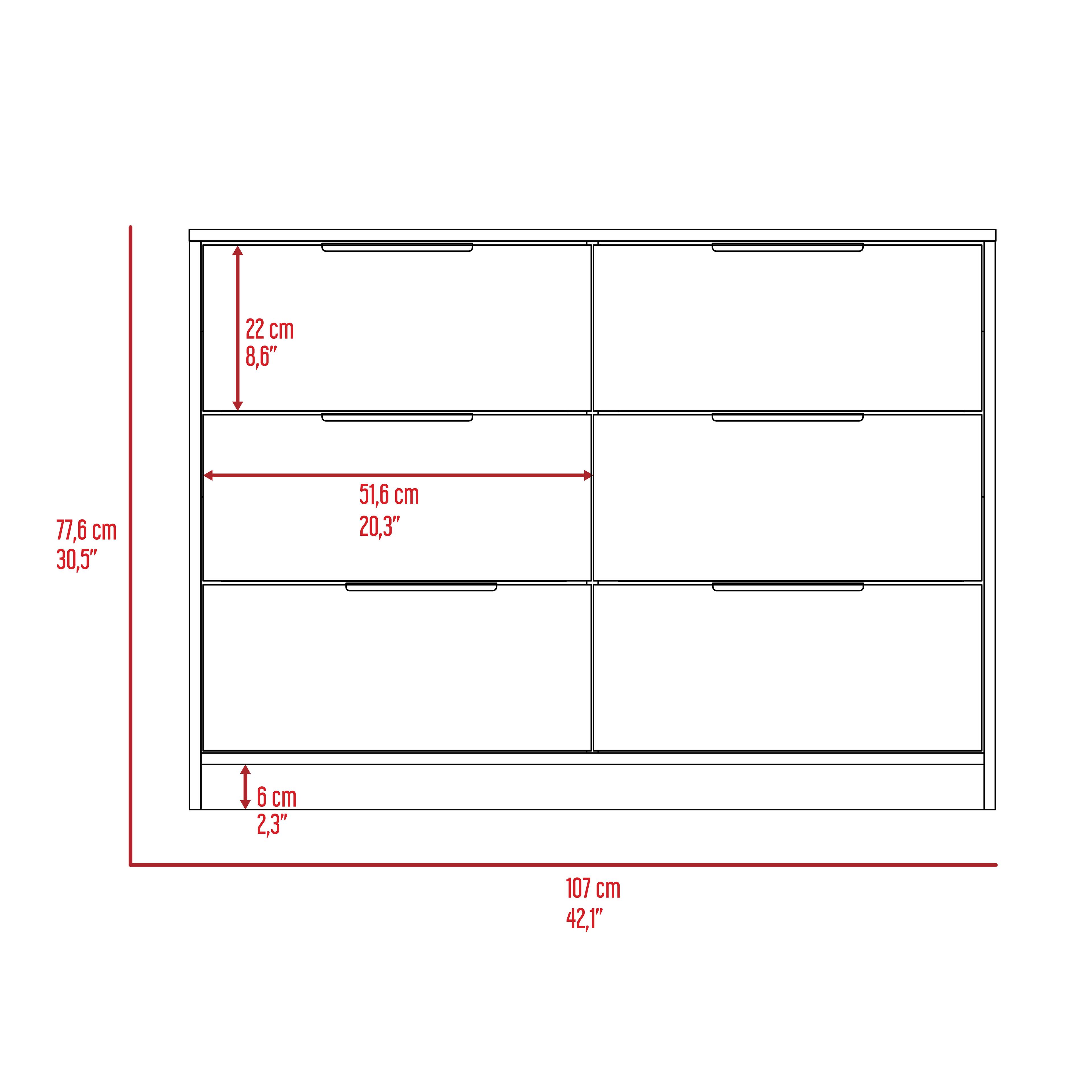 22 cm 8.6"  
77.6 cm 30.5"  
51.6 cm 20.3"  
6 cm 2.3"  
107 cm 42.1"