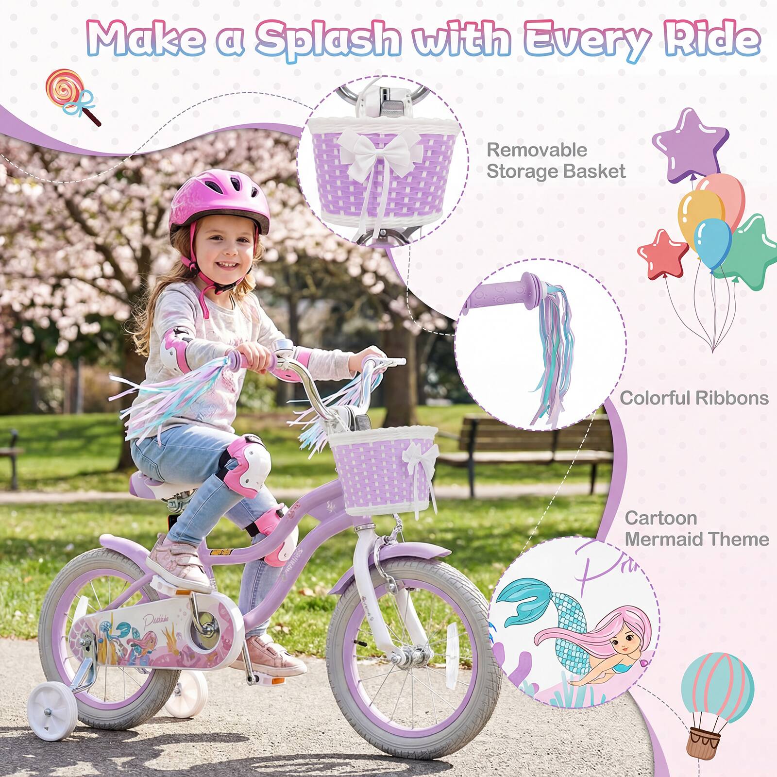 Make a Splash with Every Ride

- Removable Storage Basket
- Colorful Ribbons
- Cartoon Mermaid Theme