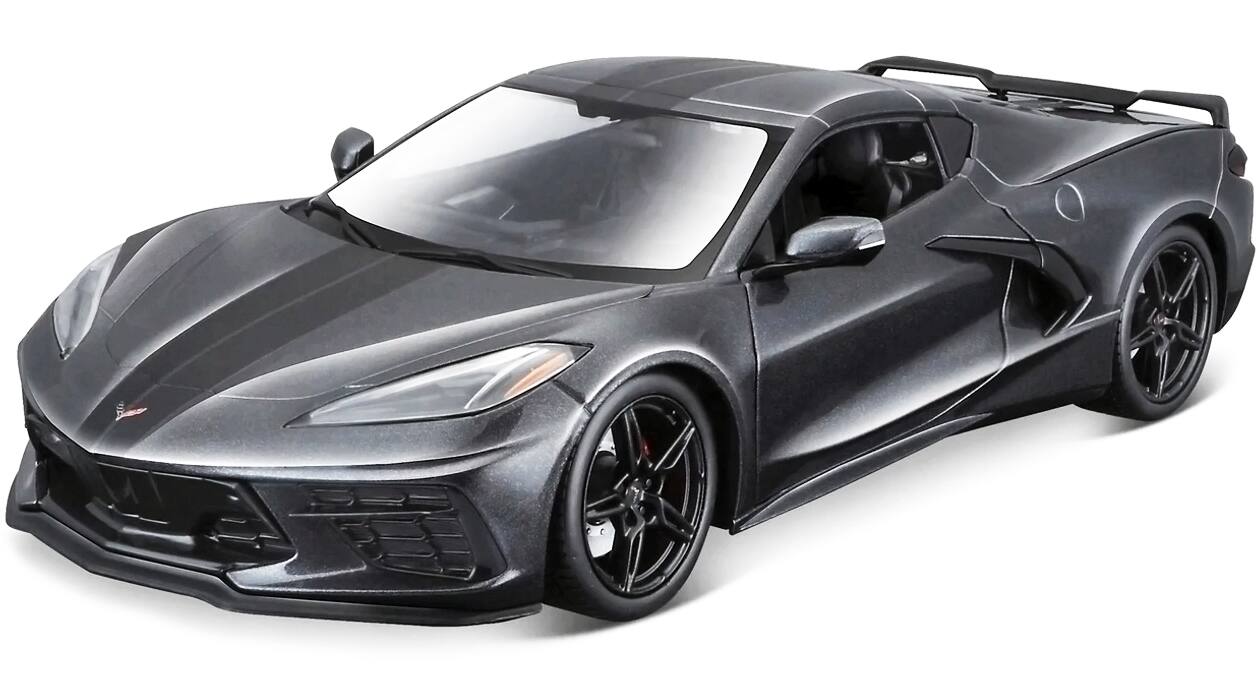 Alt View 4. Maisto - 2020 Chevrolet Corvette Stingray C8 Dark Gray Metallic with Racing Stripes 1/18 Diecast Model Car by Maisto.