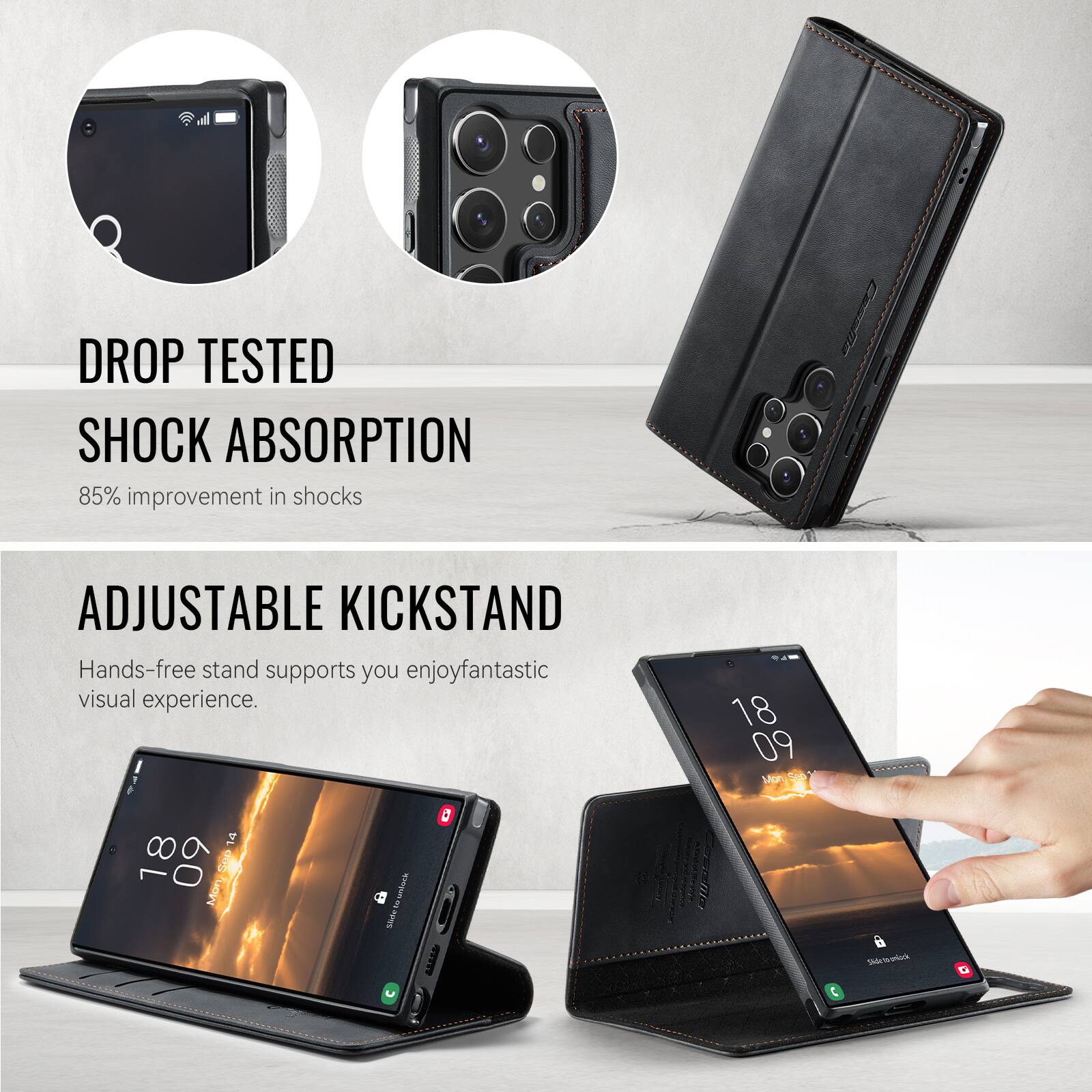 DROP TESTED SHOCK ABSORPTION  
85% improvement in shocks  

ADJUSTABLE KICKSTAND  
Hands-free stand supports you enjoy fantastic visual experience.