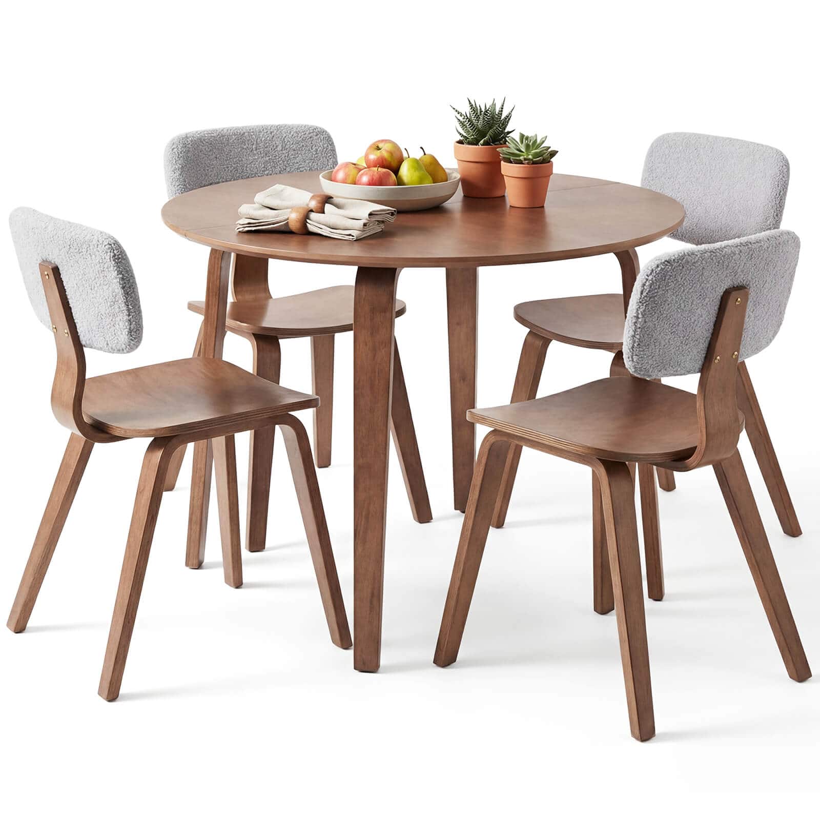 Costway - 5 PCS Dining Table Set with 4 Padded Dining Chairs, Circle Dinner Dinette Table - Gray & Walnut