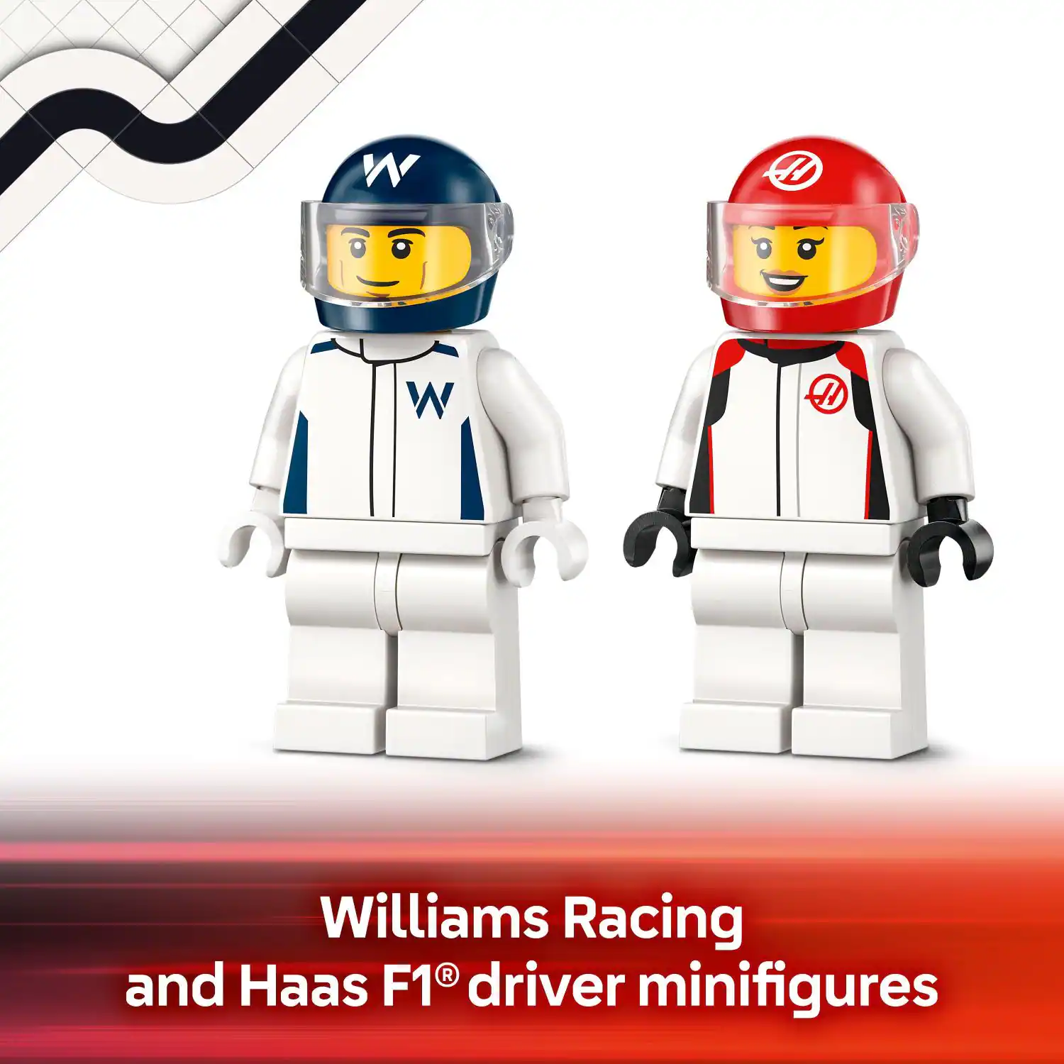 Williams Racing and Haas F1 driver minifigures.