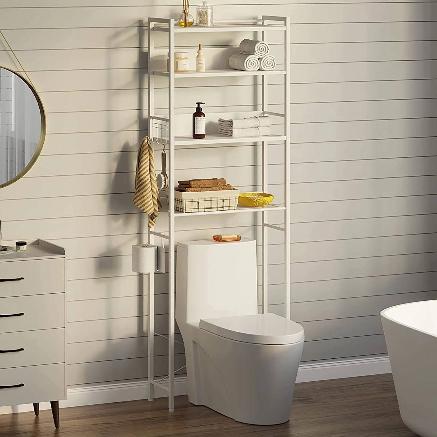 Angle. SlickBlue - Space-Saving Freestanding Over Toilet Shelf with Contemporary Wood Style - White.