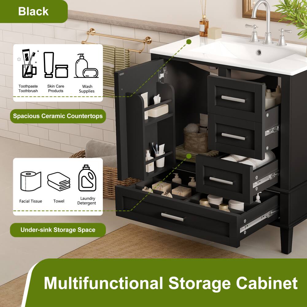 Black  
Toothpaste  
Toothbrush  
Skin Care Products  
Wash Supplies  

Spacious Ceramic Countertops  

Facial Tissue  
Towel  
Laundry Detergent  

Under-sink Storage Space  

Multifunctional Storage Cabinet