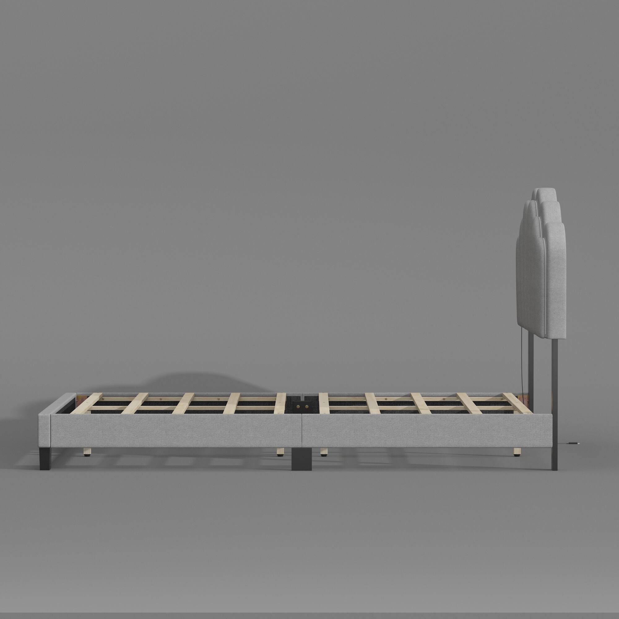 Angle. Famapy - Famapy Upholstered Bed Frame: LED - Lit Shell Headboard & Reinforced Support - Gray.