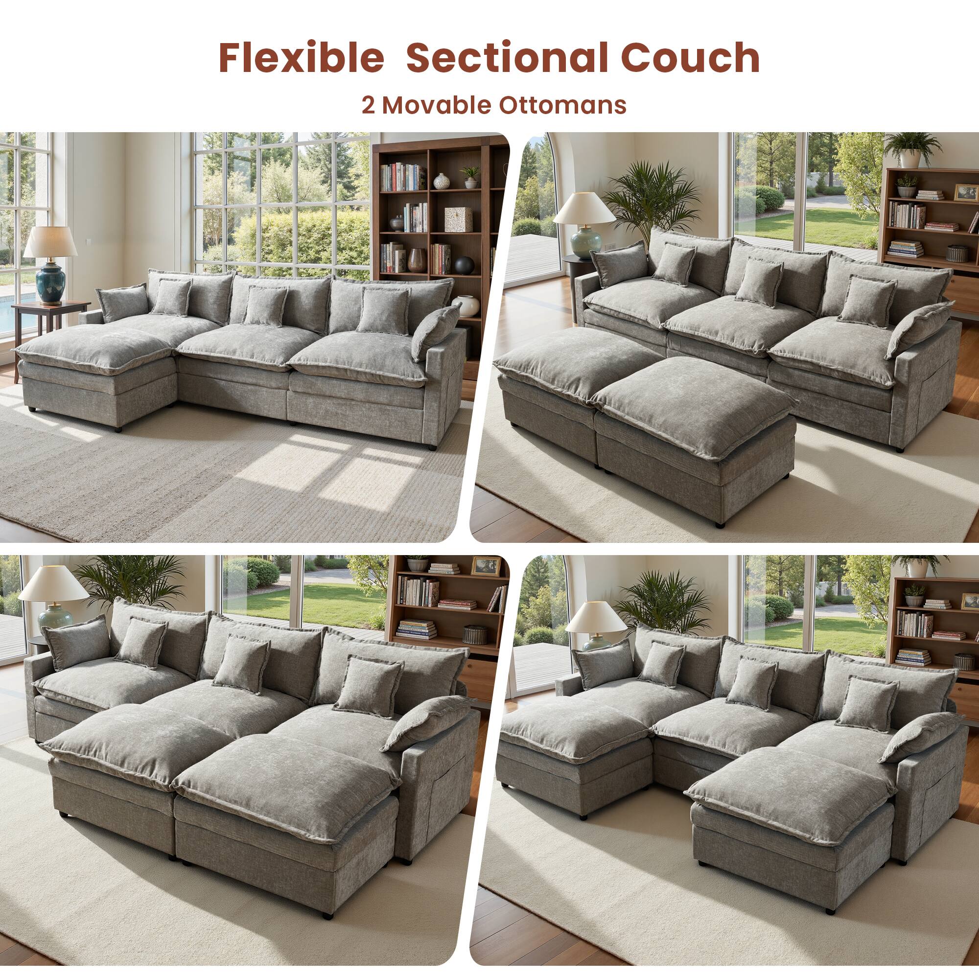 Flexible Sectional Couch  
2 Movable Ottomans