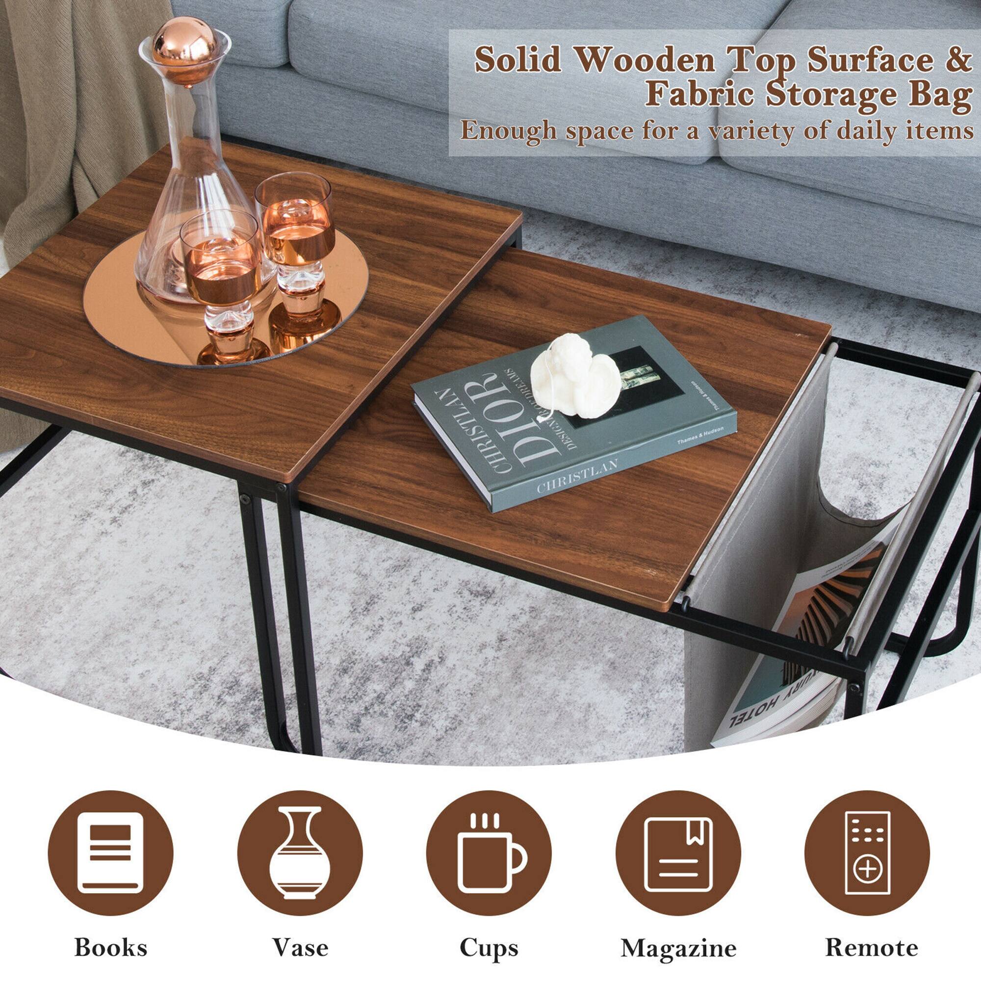 Solid Wooden Top Surface & Fabric Storage Bag  
Enough space for a variety of daily items  

Books  
Vase  
Cups  
Magazine  
Remote