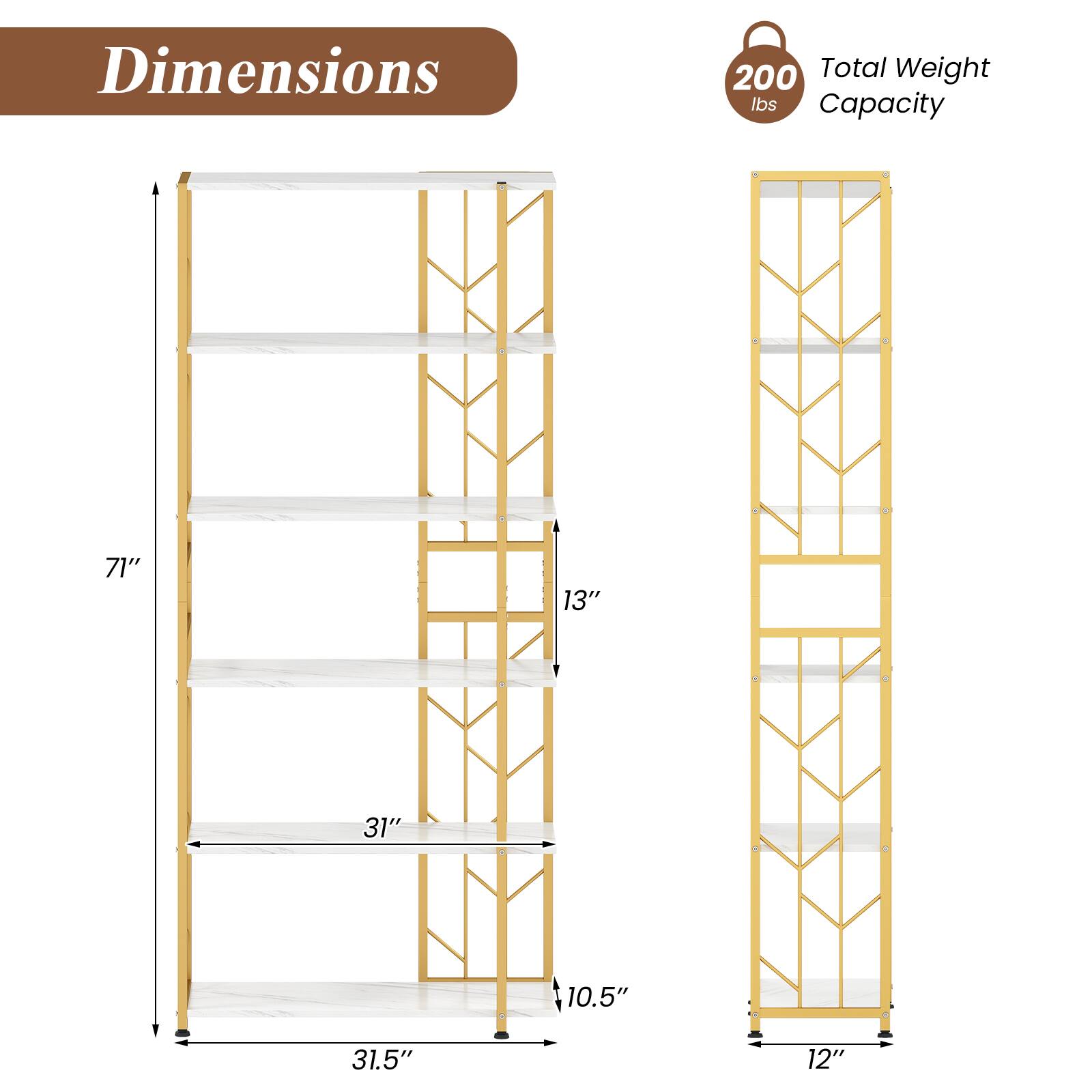 Dimensions:  
- Height: 71"  
- Width: 31.5"  
- Depth: 13"  
- Shelf Depth: 10.5"  
- Shelf Width: 31"  

Total Weight Capacity: 200 lbs