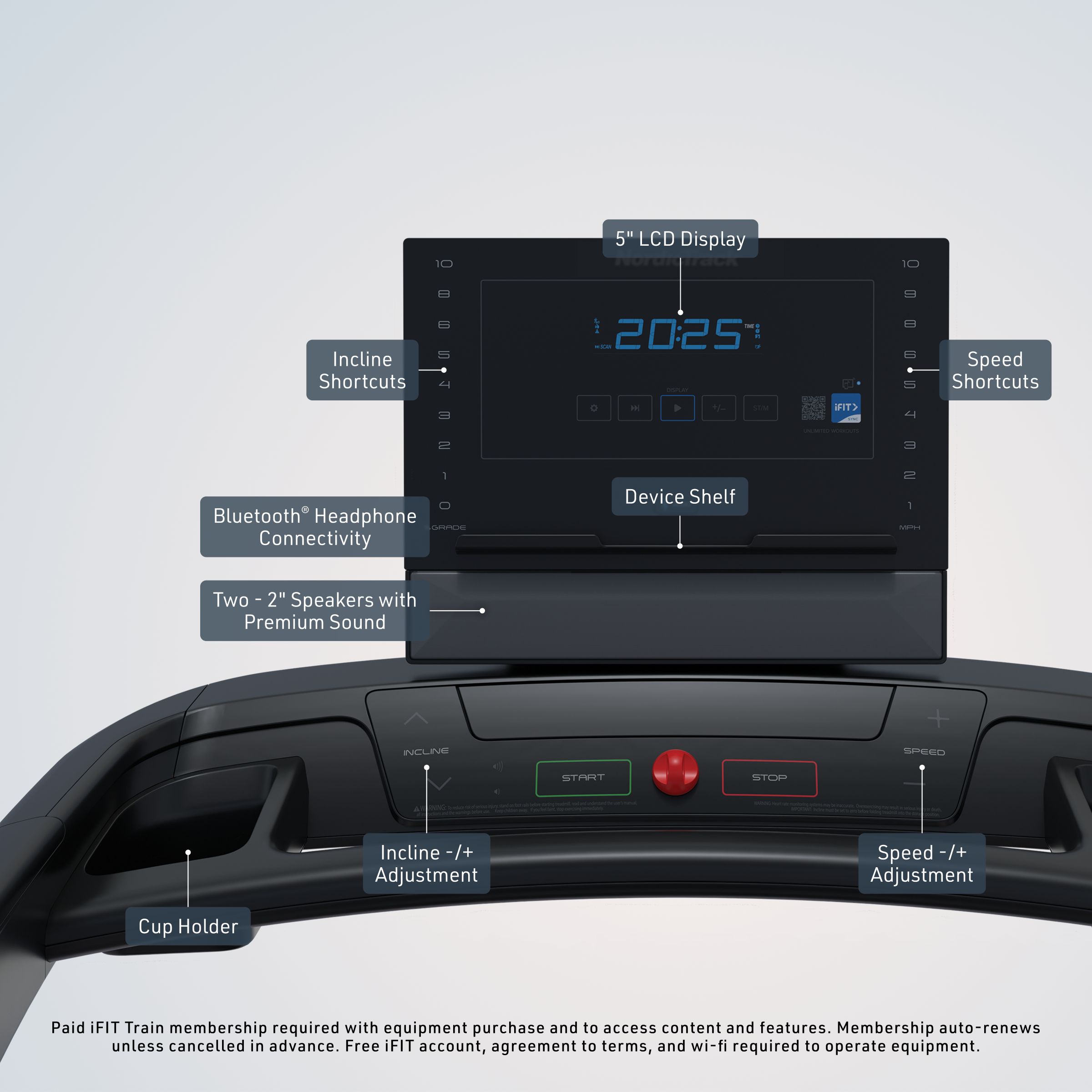 Incline Shortcuts Bluetooth UUTAN-O 1 Headphone SEIE Connectivity Two 2" Speakers with Premium Sound 5" LCD Display | 20:25 - -. Device Shelf aITa Speed Shortcuts 4 1 - + INCLIE SPEED STPT STOP | Incline -/+ Adjustment Speed -/+ Adjustment Cup Holder Paid iFIT Train membership required with equipment purchase and to access content and features. Membership auto-renews unless cancelled in advance. Free iFIT account, agreement to terms, and wi-fi required to operate equipment.