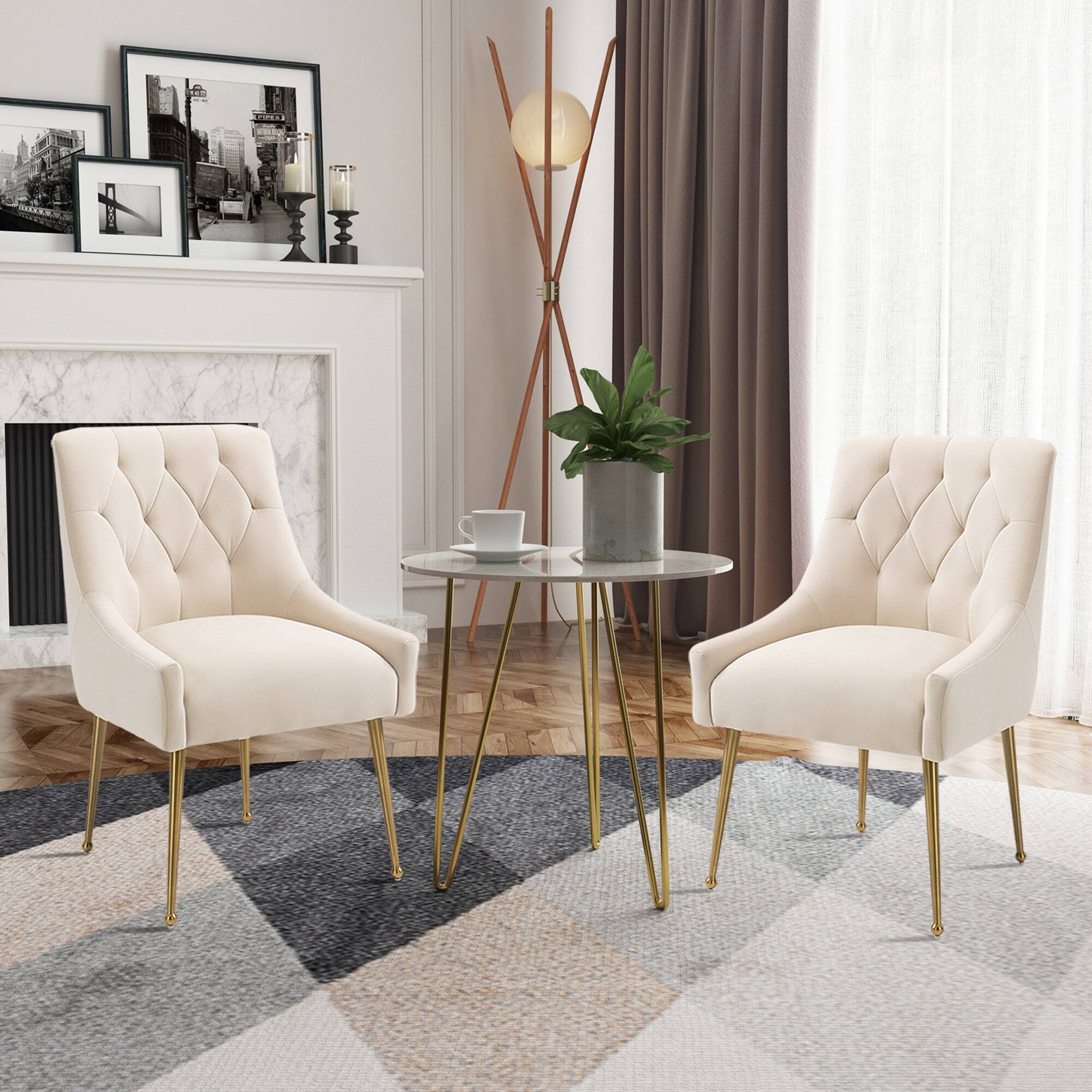Alt View 2. Boyel Living - Beige Tufted Velvet Upholstered Golden Legs Dining Chair with Pulling Handle and Adjustable Foot Nails(Set of 2) - Beige.