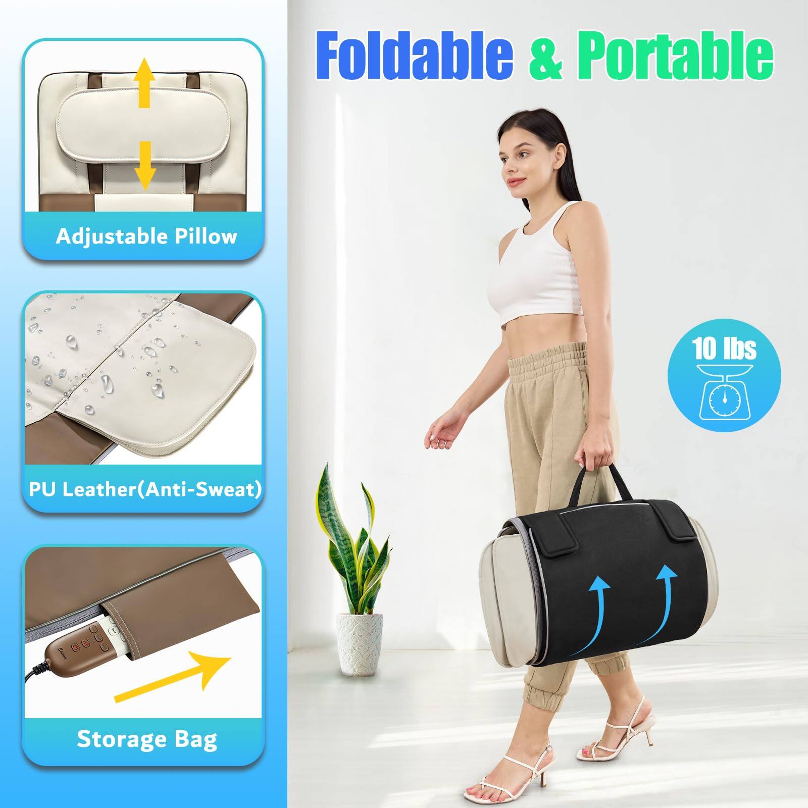 Foldable & Portable Adjustable Pillow  
10 lbs PU Leather (Anti-Sweat)  
Storage Bag