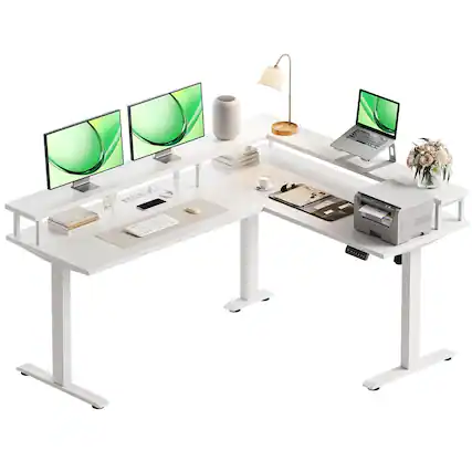 Front. AODK - 59in Electric L Shaped Standing Desk with Power Outlets & Full Monitor Stand - White.
