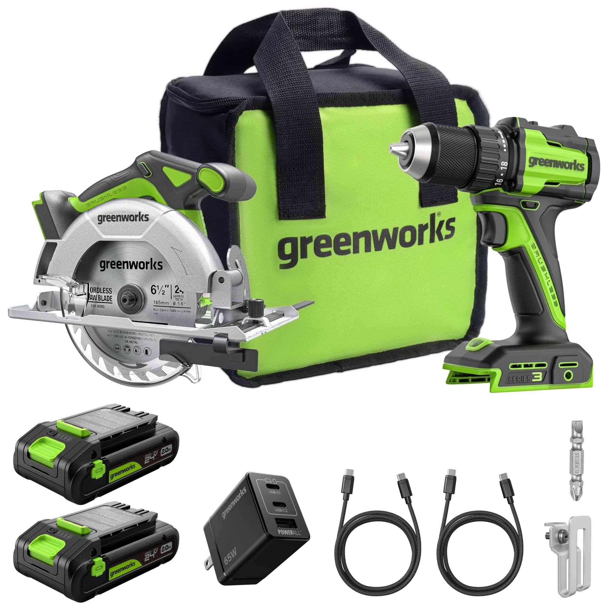 "Greenworks - 24V Cordless Brushless 400 in-lbs Drill/Driver + 6.5"" Circular Saw, with (2) 2.0Ah Batteries and Charger - Green" price history on PriceWatchPro