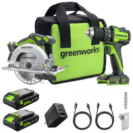 Greenworks - 24V Cordless Brushless 400 in-lbs Drill/Driver + 6.5" Circular Saw, with (2) 2.0Ah Batteries and Charger - Green