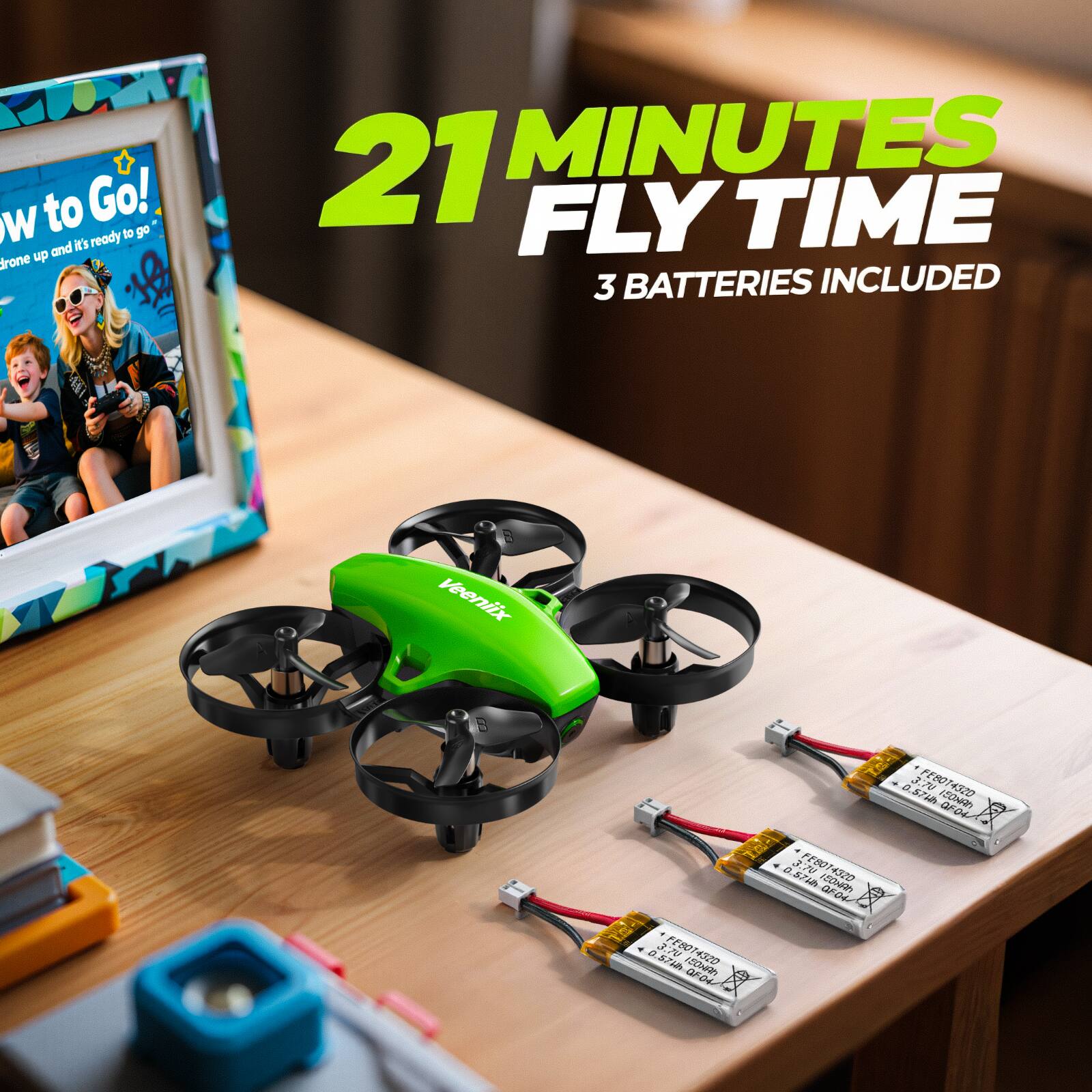 How to Go! drone up and it's ready to go.  
21 MINUTES FLY TIME  
3 BATTERIES INCLUDED