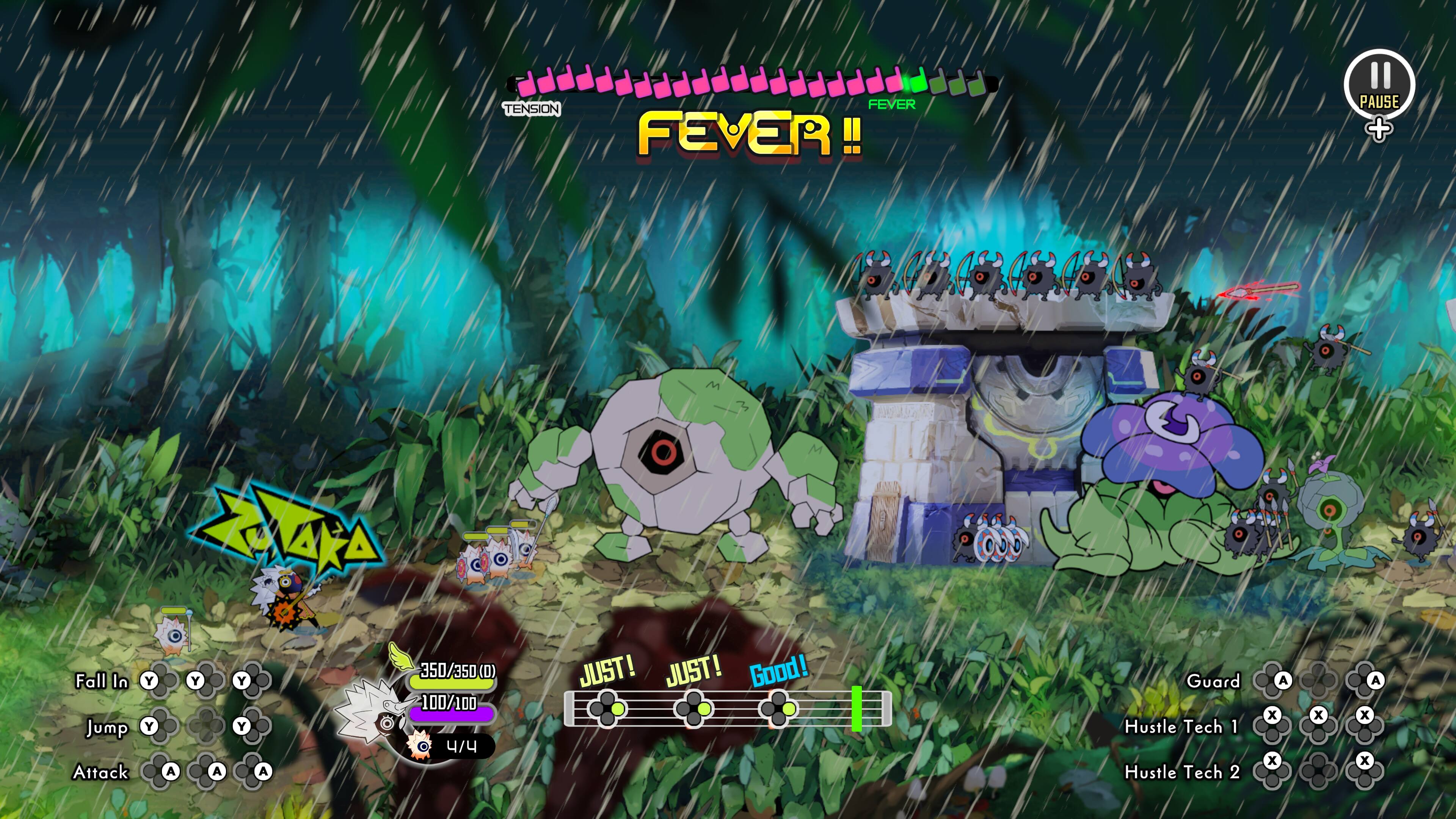 TENSION FEVER FEVER!!  
II PAUSE + Fall In Y Jump Y Attack A Y A Y Y A  
350/350(D) (D) 100/100 4/  
JUST! JUST! Good!  
Guard Hustle Tech 1 Hustle Tech 2  
A x x x A x x