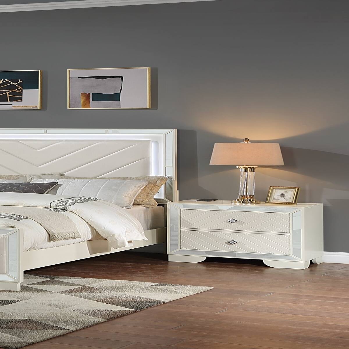 Left. Loheer - Loheer Cream Wooden Nightstand With Two Drawers and Wireless Charging - Cream.